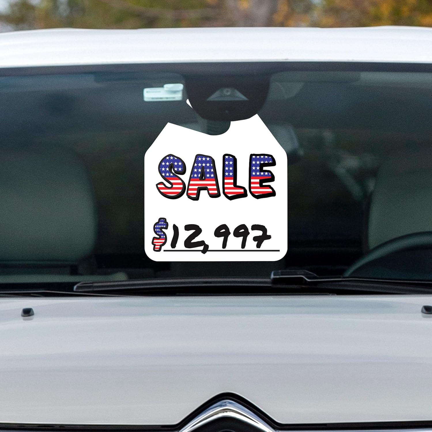 Patriotic Car Sale Hang Tags - Pack of 50, 11x9.25 inches, American Flag Design, White Card Stock, for Rearview Mirrors, was Now Pricing (Sale)