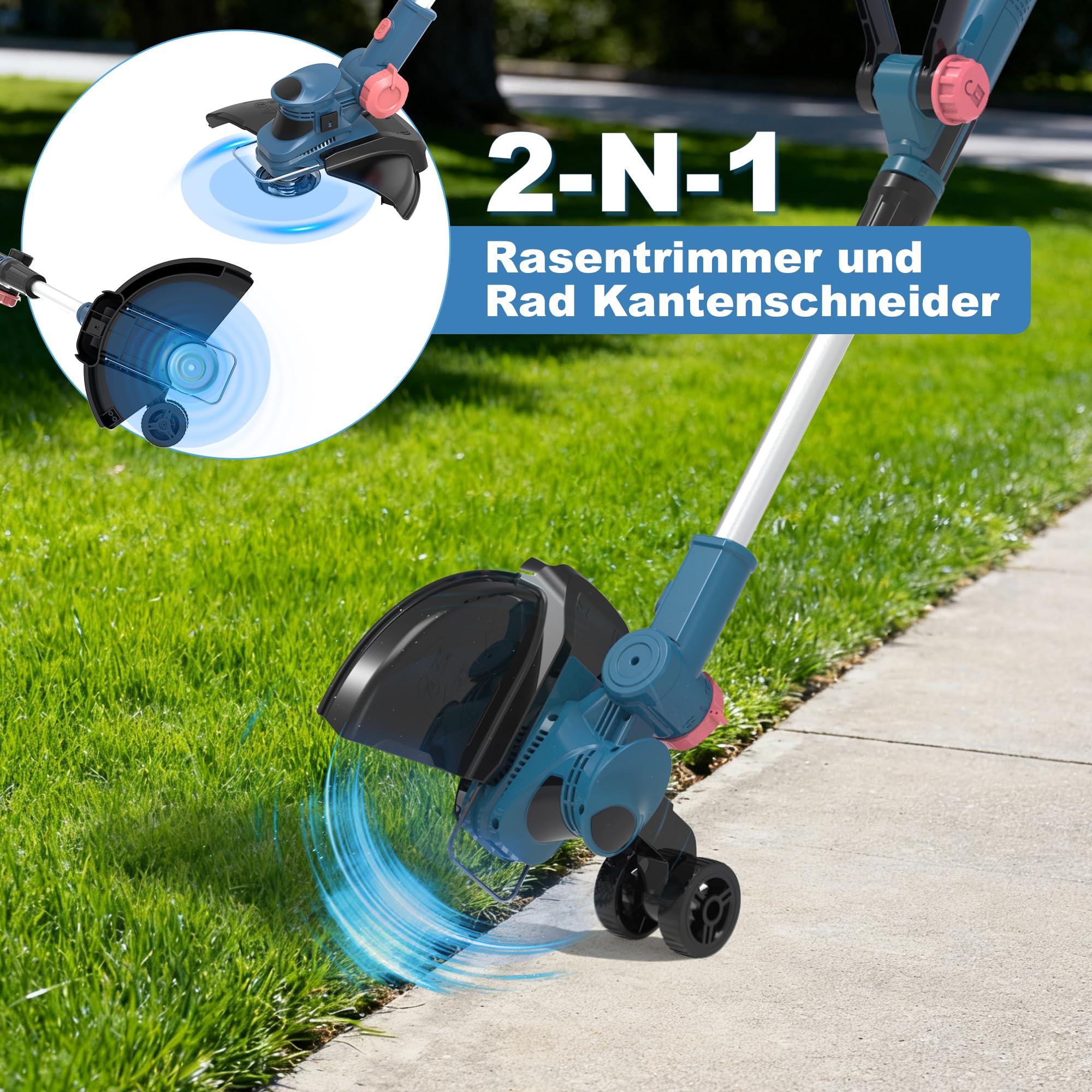 Rasentrimmer mit 21V,freischneider mit unkrautbürste,Freischneider akku | 6 Klingentypen,inkl 2×4.0Ah Akku & Ladegerät,750W Bürstenloser 2-in-1 Motor-Light Blue