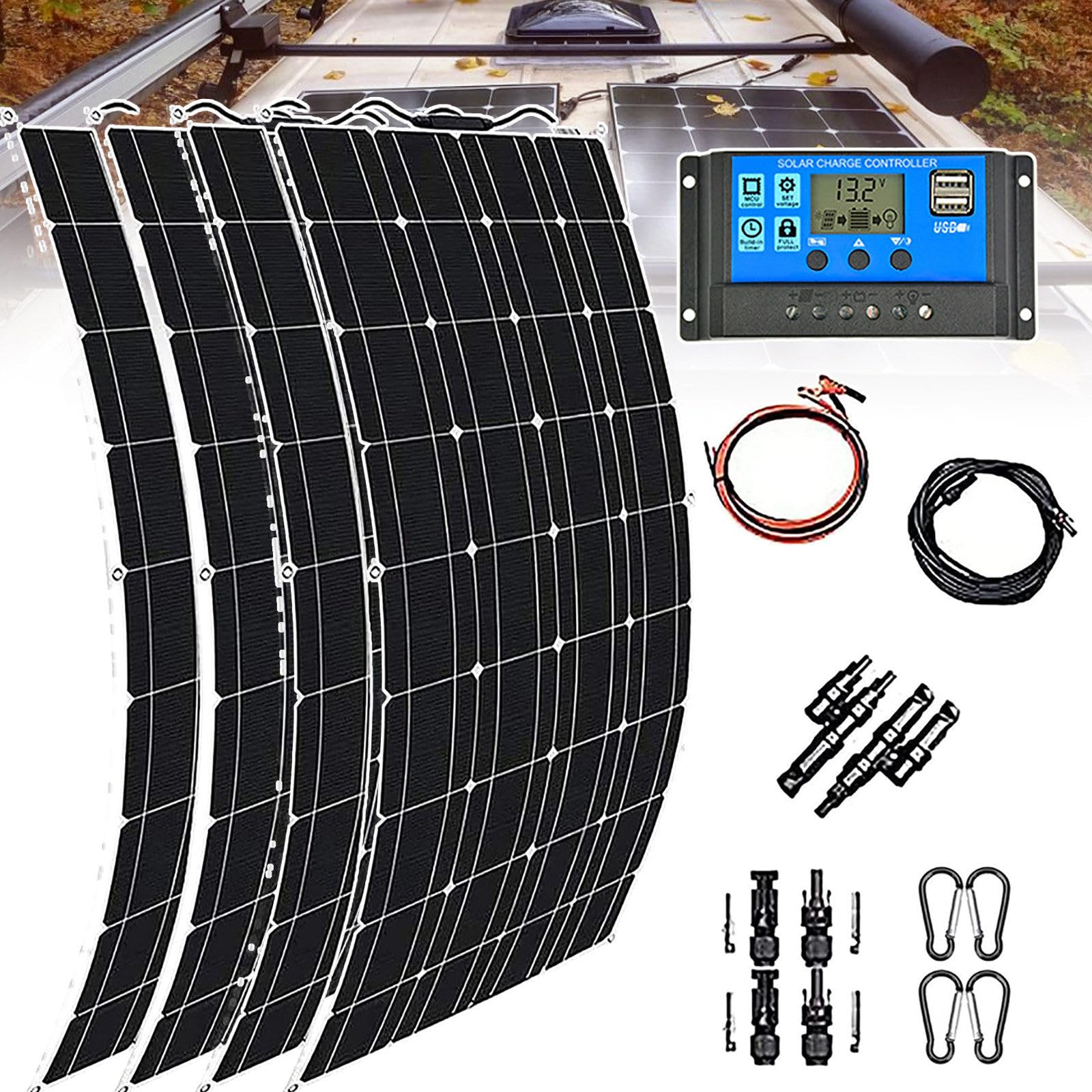Pannelli solari Flessibili da 400 W 800 W, Pannello Solare monocristallino Impermeabile da 18 V con Controller da 30 A/40 A/50 A/60 A, Alta efficienza (1180 * 540 * 2,5 mm), 4x200