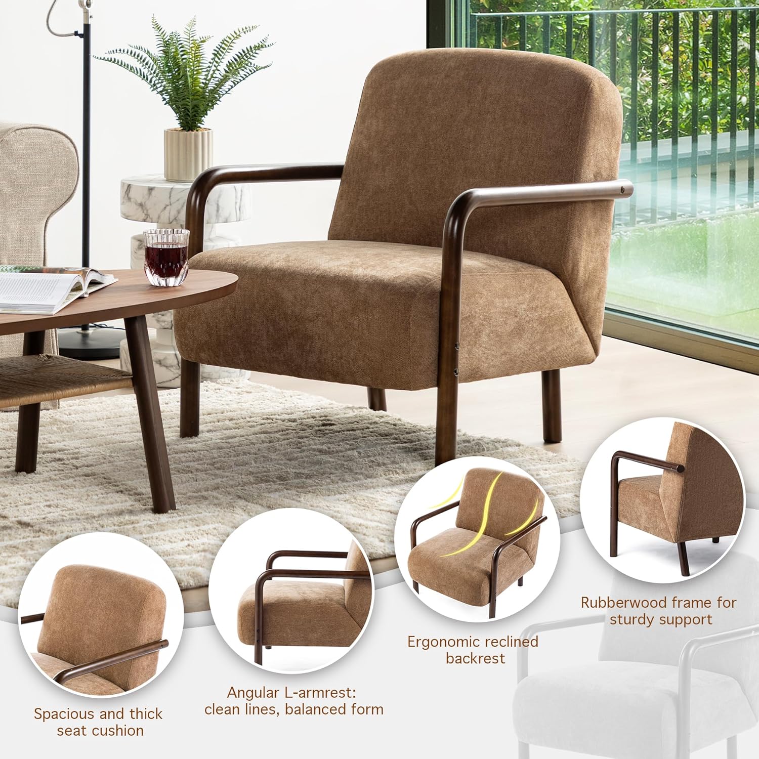 Glitzhome Accent Chair Set of 2, Mid-Century Modern Living Room Chairs with Extra-Cushioned Fabric & Walnut Rubber Wood Frame, Comfy Armhairs for Living Room/Bedroom/Reading Room/Office