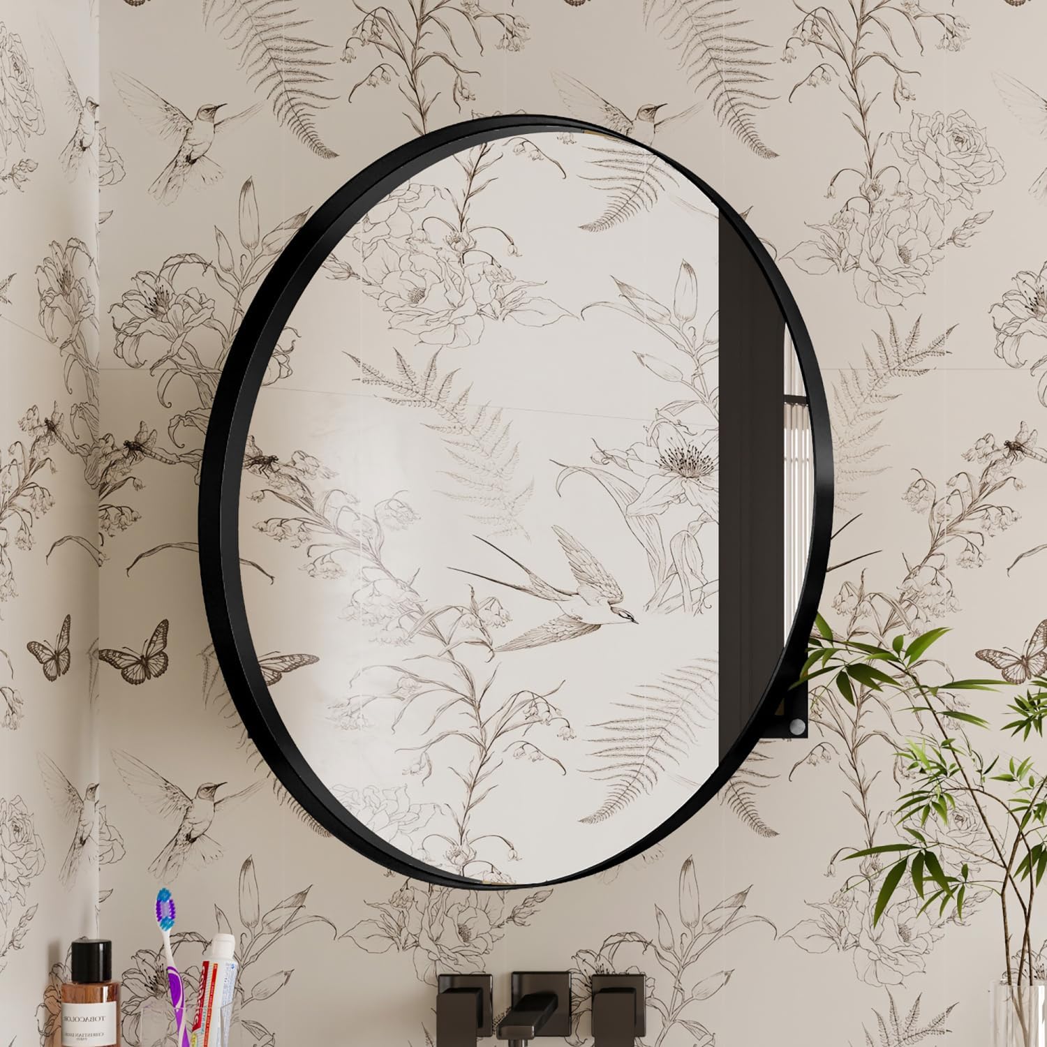 31.5 Inch Mount Round Metal Framed Cabinet with Mirror and Adjustable Shelves Black Wall Mirror with Storage for Bathroom