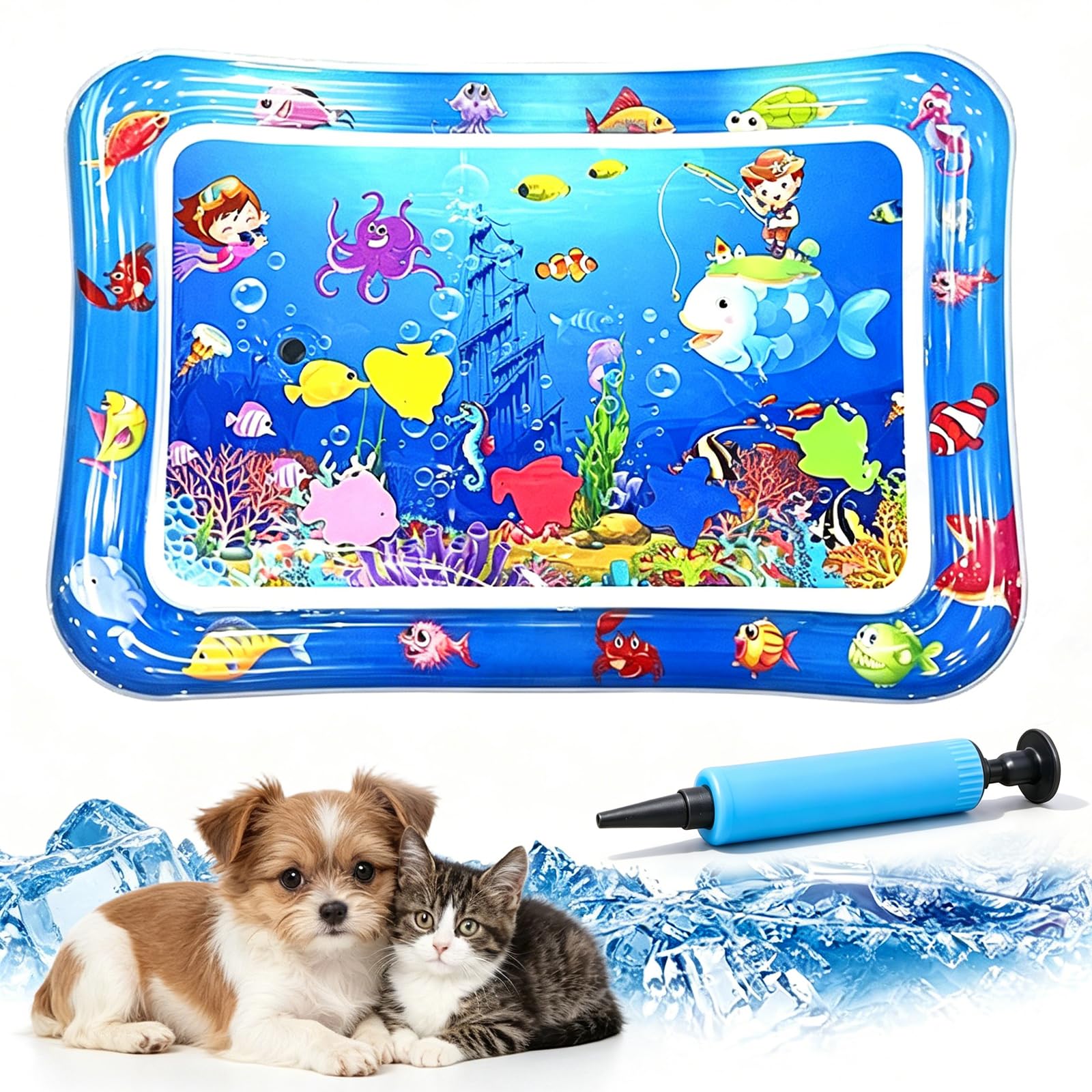 Pet Water Sensory Mat, 37.4" Large Cat Water Mat with Floating Fish, Interactive Cooling Mat for Cats & Dogs, Thickened Leak-Resistant Water Play Mat, Indoor Outdoor Pet Enrichment Toy (Square-9)