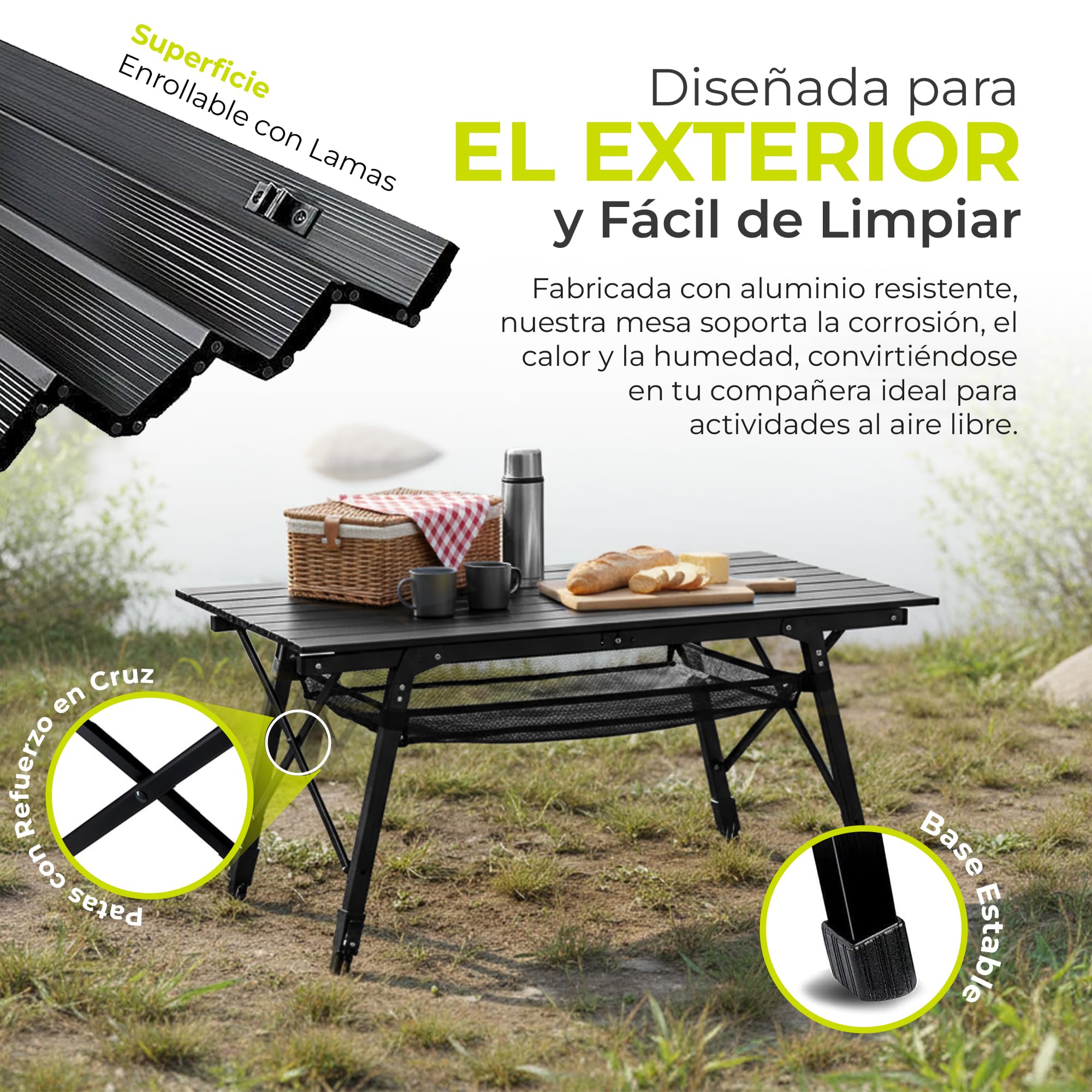 Mesa Enrollable Camping - Aluminio, 30 kg, 90x51 cm | Altura regulable 45-65 cm - tablero enrollable - bolsa de transporte incluida - solo 3,9 kg