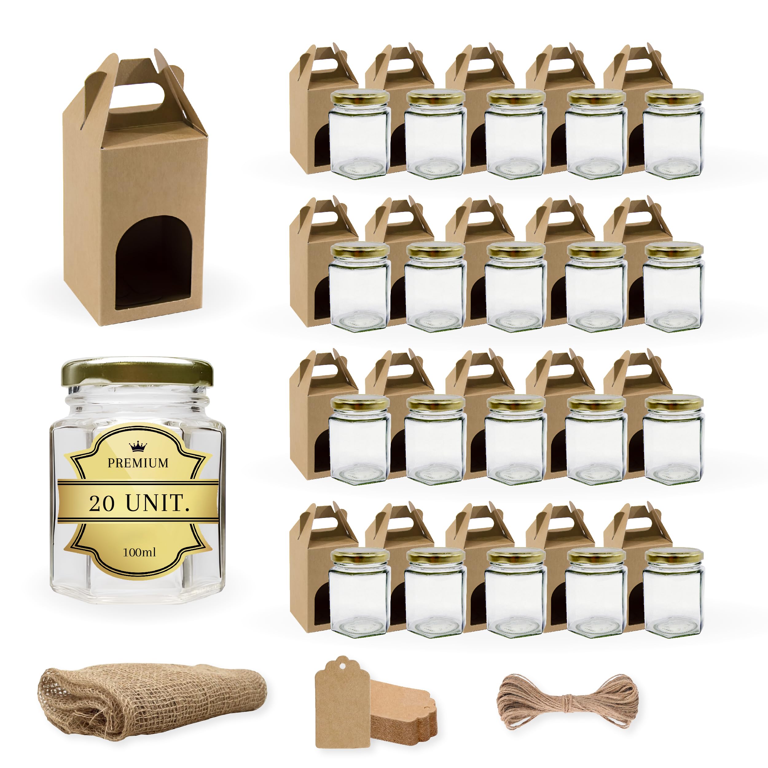 Espirito Rebelde 20 kleine sechseckige Honiggläser mit Deckel 100 ml + Box + Jutetuch + Kraftetiketten + Juteschnur | ideal für die Aufbewahrung von Honig