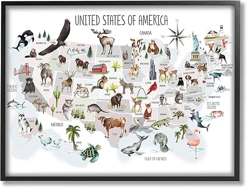 Miniatura 10 de Stupell Industries United States of America - Figura decorativa con diseño de mapa de animales para niños, diseño de Studio Q Gray (11.0 x 13.8in),