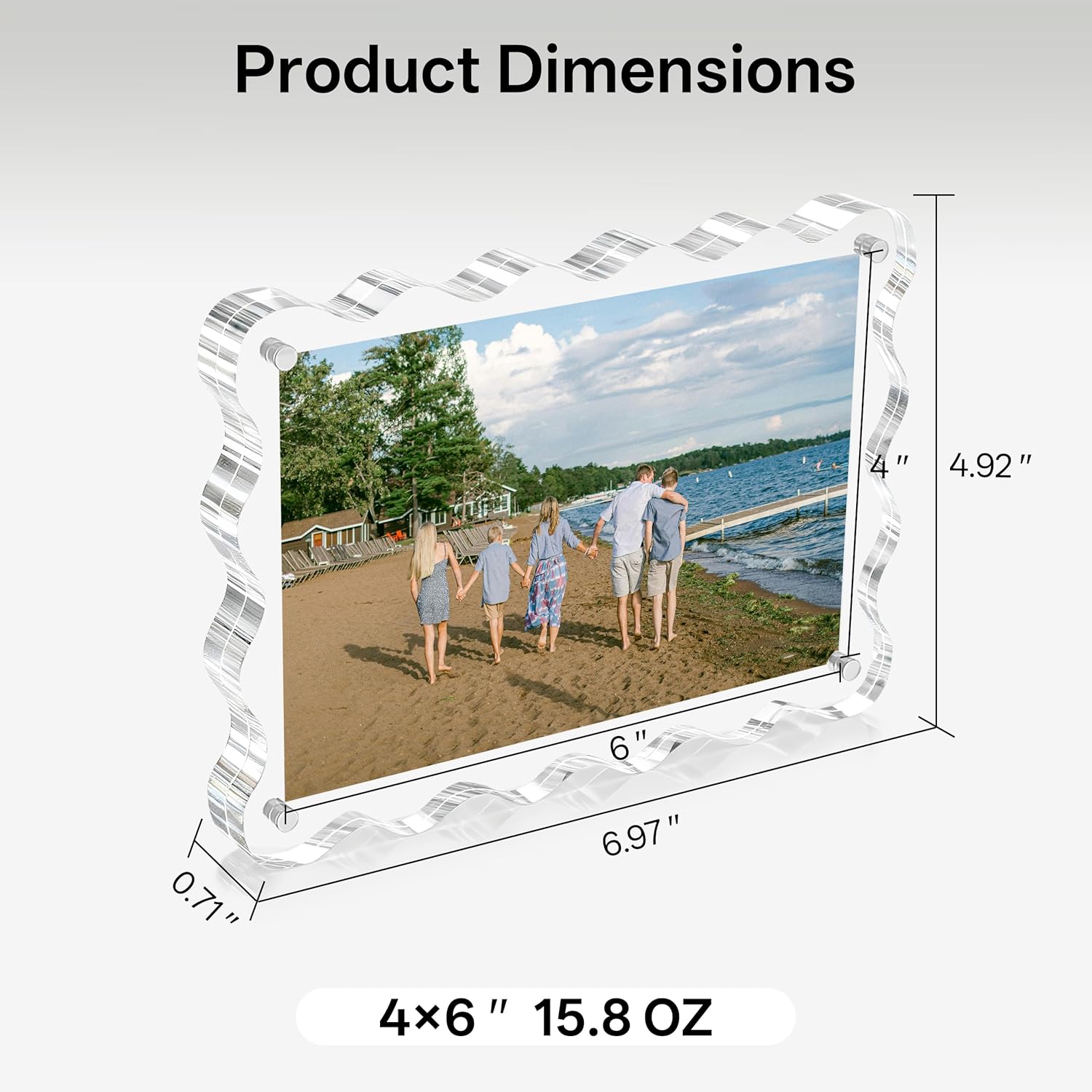 eletecpro 4x6 Clear Acrylic Picture Frame Set of 5, Double-sided Frameless Magnetic Frames Display Floating Photo Effect, Standless and Curved Wave Design, Scalloped Rim Modern Decor, Transparent