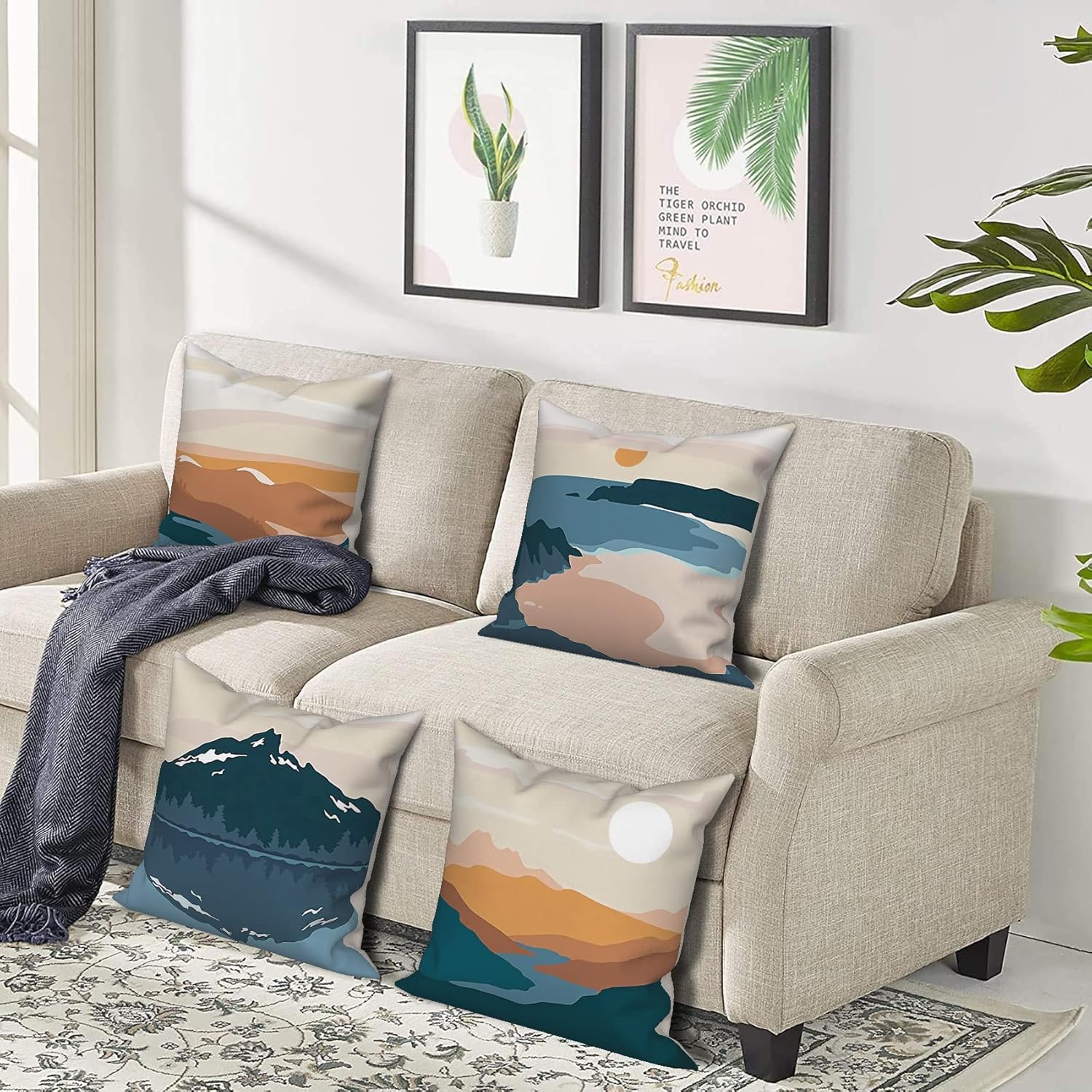 Abstract Boho Throw Pillow Covers 18x18 inch Set of 4 Mid Century Modern Decorative Accent Throw Pillows Mountain Nature Landscape Aesthetic Cushion Case for Couch Sofa Bed Home Decor