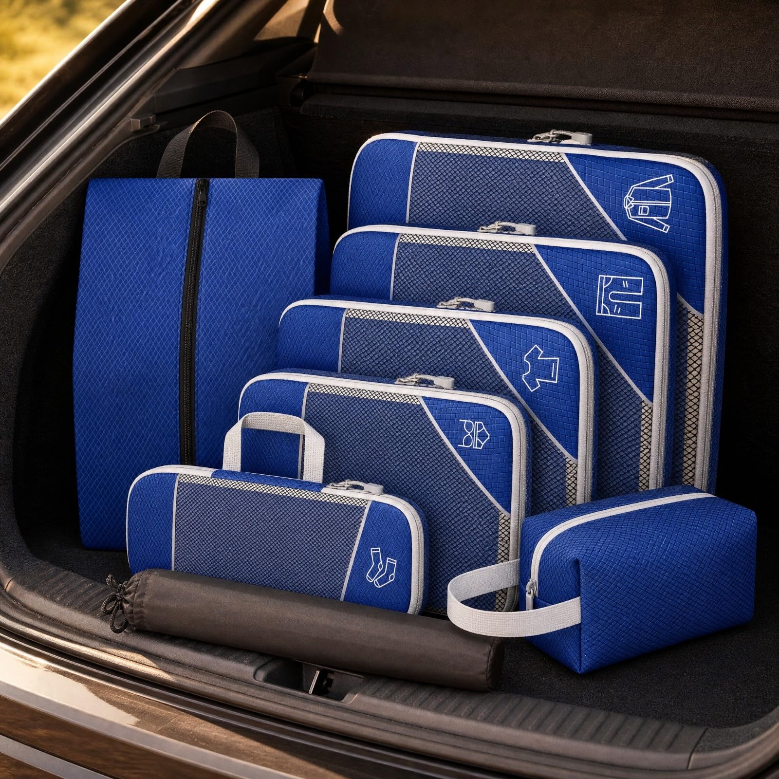 8 è Organiteur Valise En Nylon Pratique Kit Rangement Déplacement Compartimen à Fmure Éclair Compact pr, Bleu Ciel