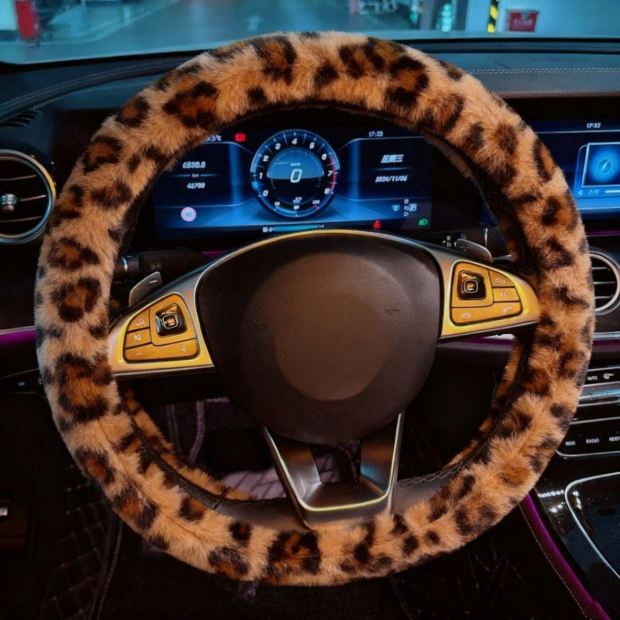 DTBAIHUIBIN Leopard Steering Wheel Cover for FIAT 500 und 500 C Cabrio ab Bj. 2013 Crema, Furry Car Steering Wheel Cover Warm Cute