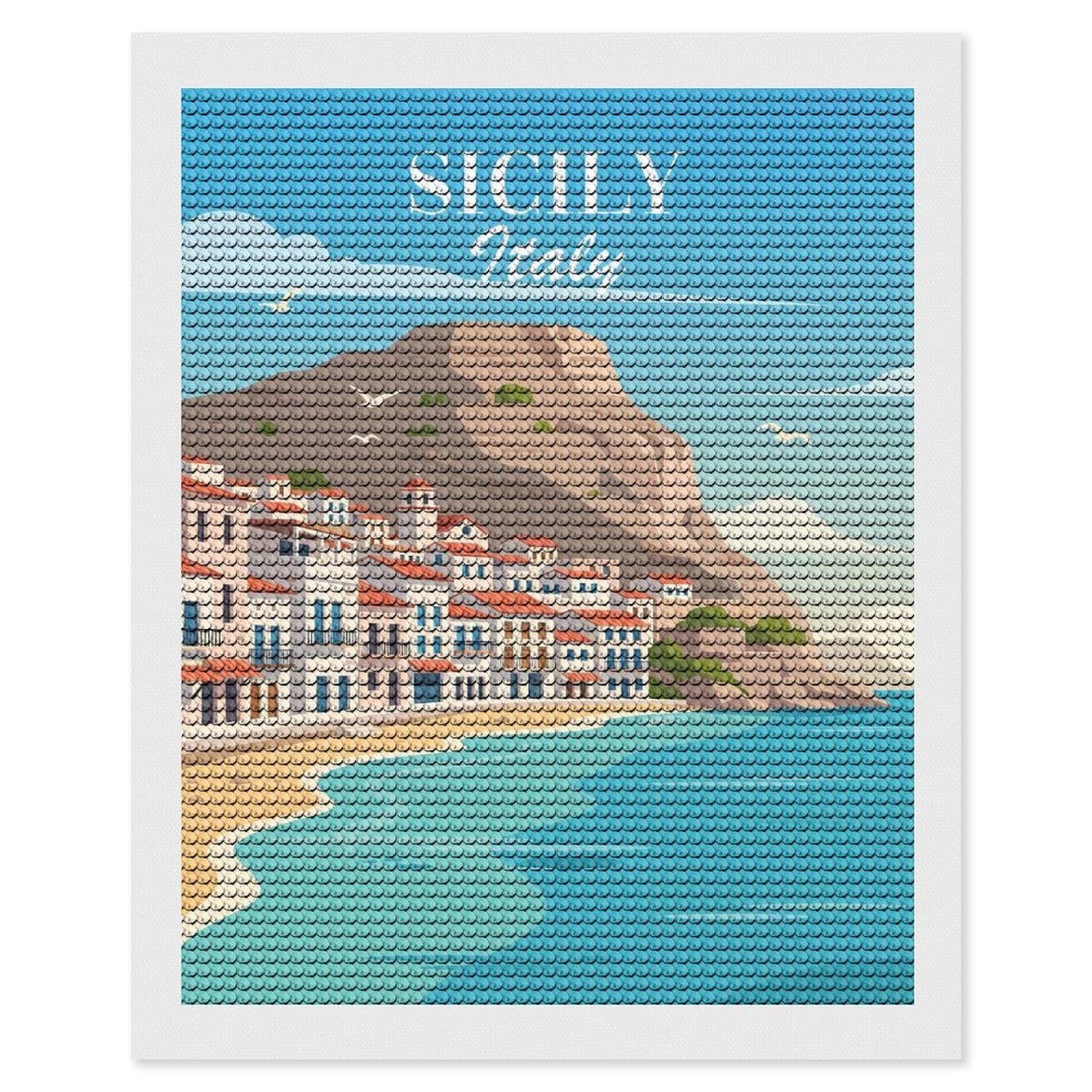 Junmoney Sicily, Italy Coastal Town Diamond Painting Set 16"x20", Neat Printed Canvas, with Tool Kit, Bedroom Decor, Gift Idea, Complete Accessories