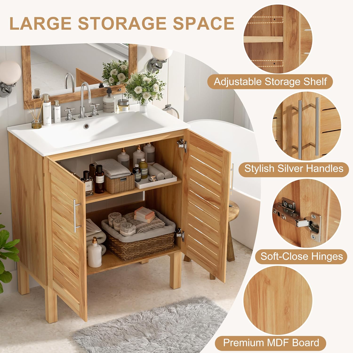 Montary 30" Farmhouse Style Bathroom Vanity with Ceramic Sink, Retro Modern Bathroom Vanity Cabinet with 2 Soft-Close Doors and Large Storage Space, Freestanding Single Vanity Set, Natural