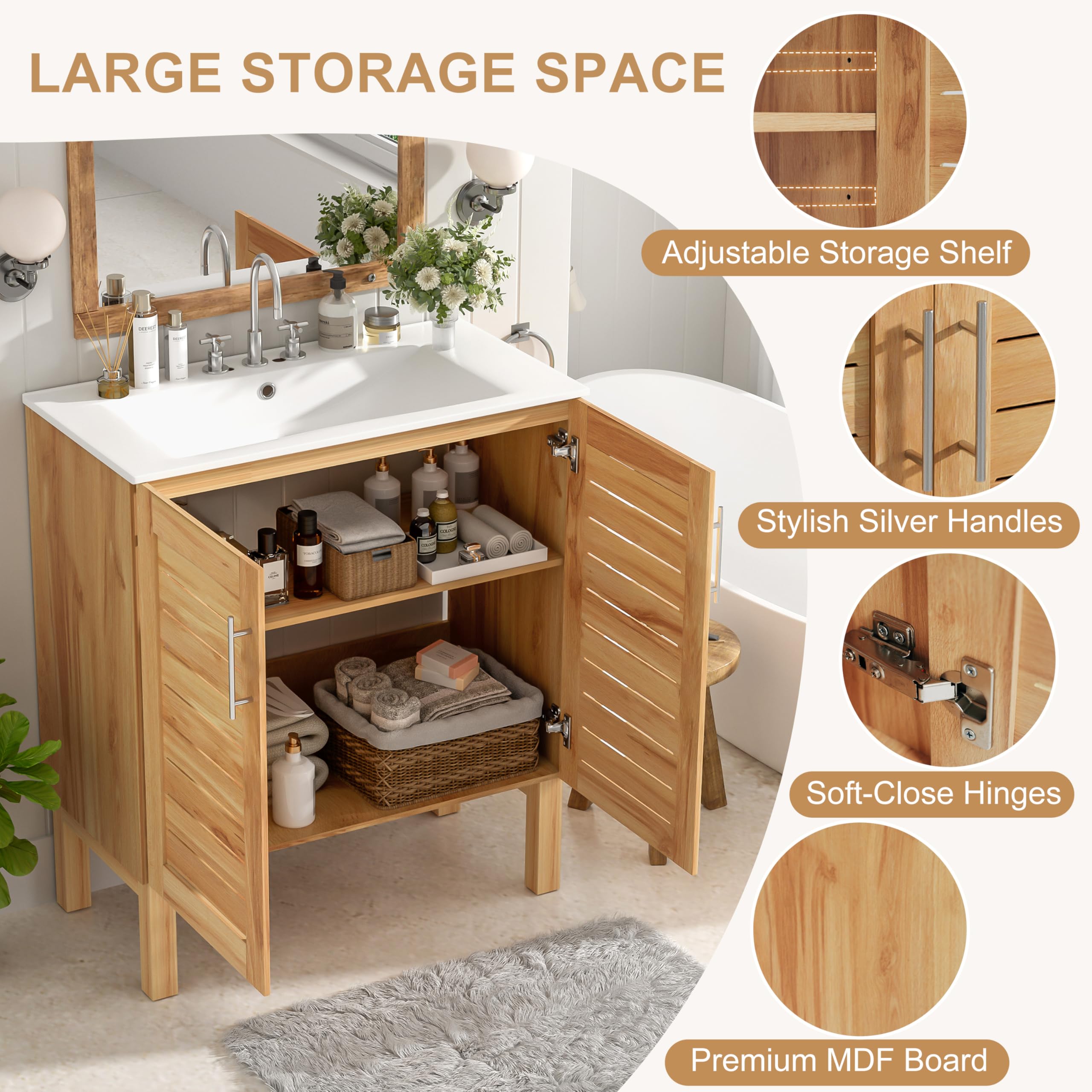 30-inch Antique Bathroom Vanity With Ceramic Sink - Mid-Century Modern Cabinet With Soft-Close Doors In Natural Brown