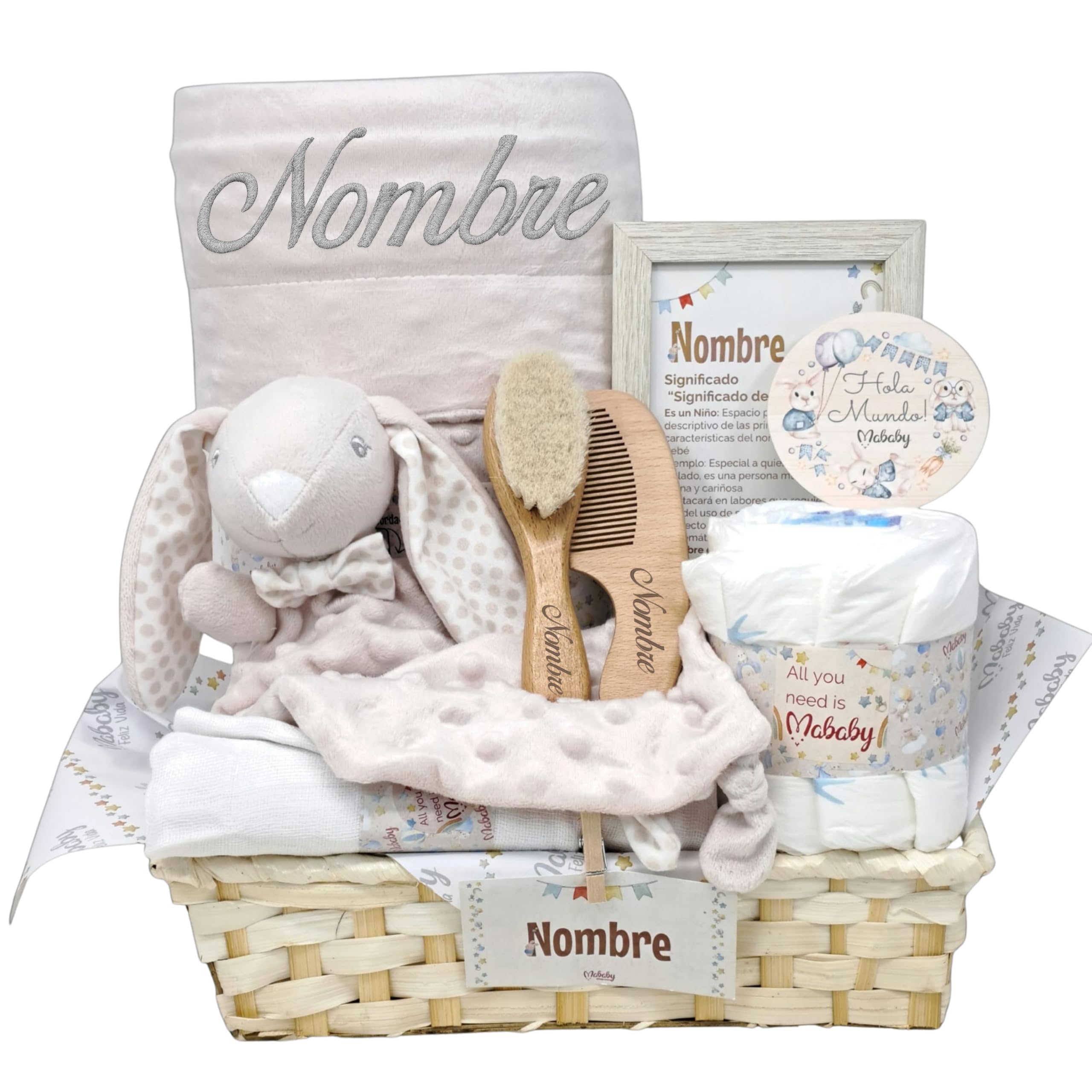 Canastilla Bebé Recién Nacido Soft And Happy (Beige) | Canastilla unisex con manta bordada con nombre, dou dou conejito, muselina, cepillo y peine y pastel de pañales.