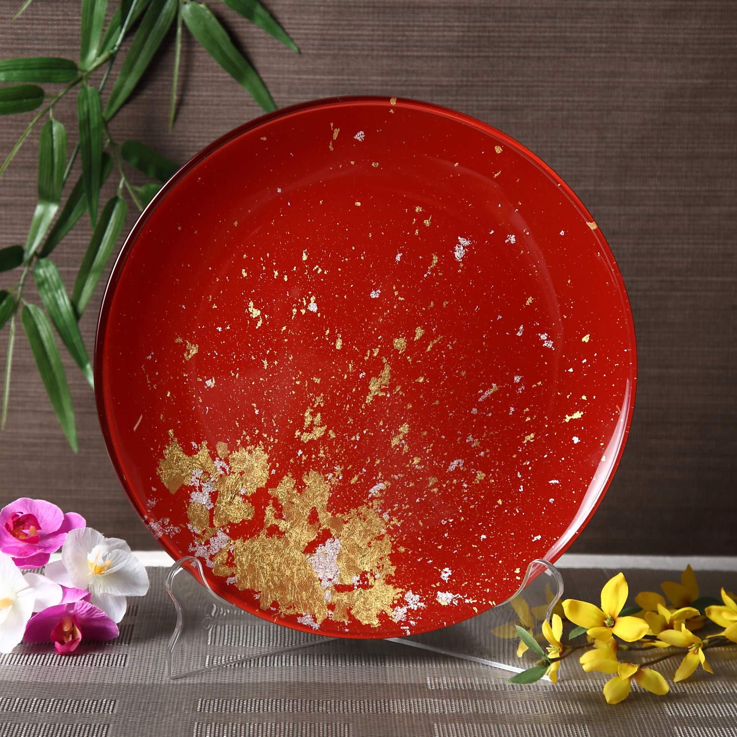 Syosaku Japanese Urushi Glass Flat Dinner Plate Φ11-inch Vermilion with Gold Leaf, Dishwasher Safe, Flat Dinner 11-inch (28cm) - Image 2