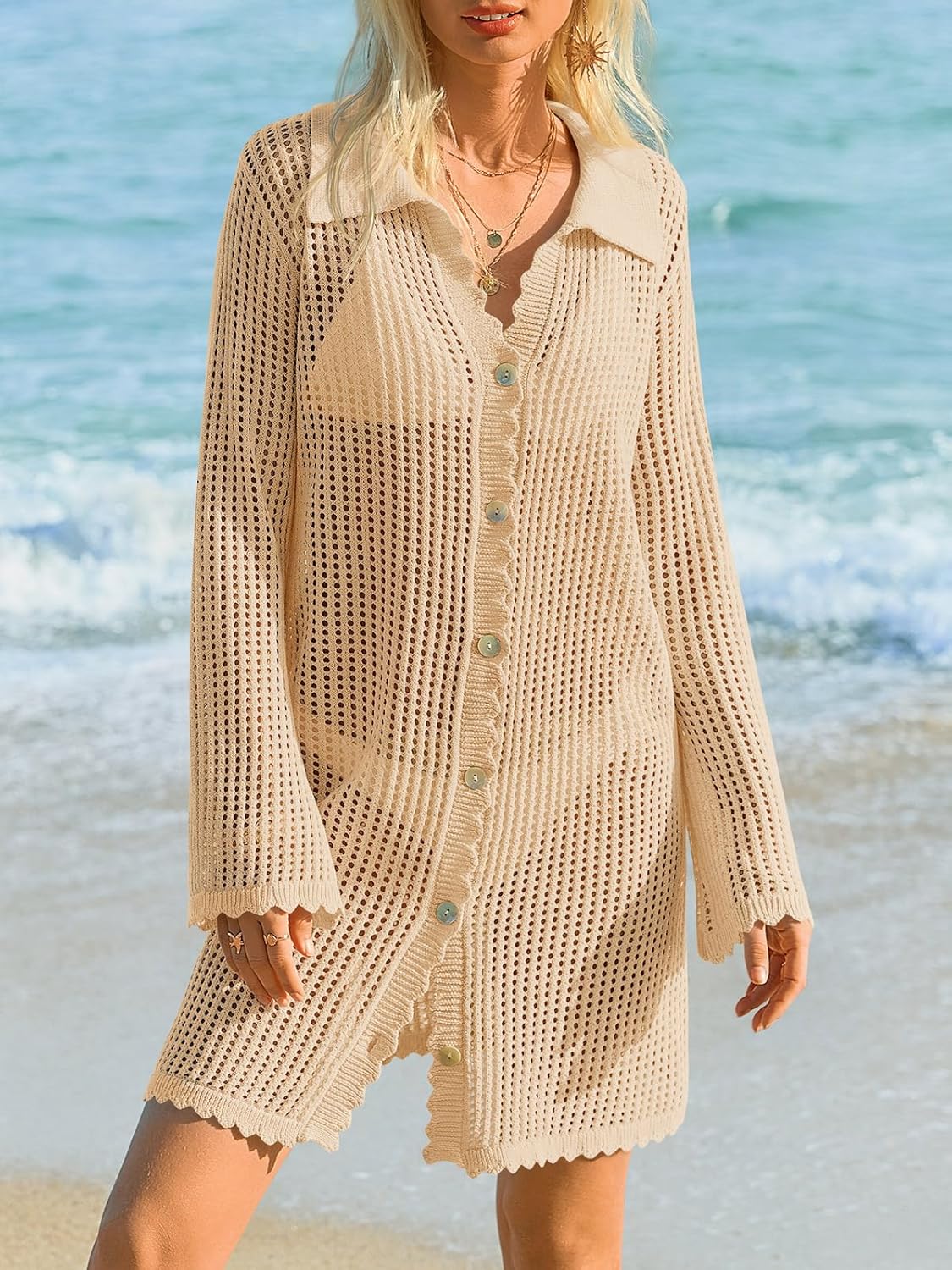 Saodimallsu Womens Crochet Swimsuit Coverup Button Down Long Sleeve Cardigan Mini Dress Beach Cover Ups Vacation Outfits - Image 2