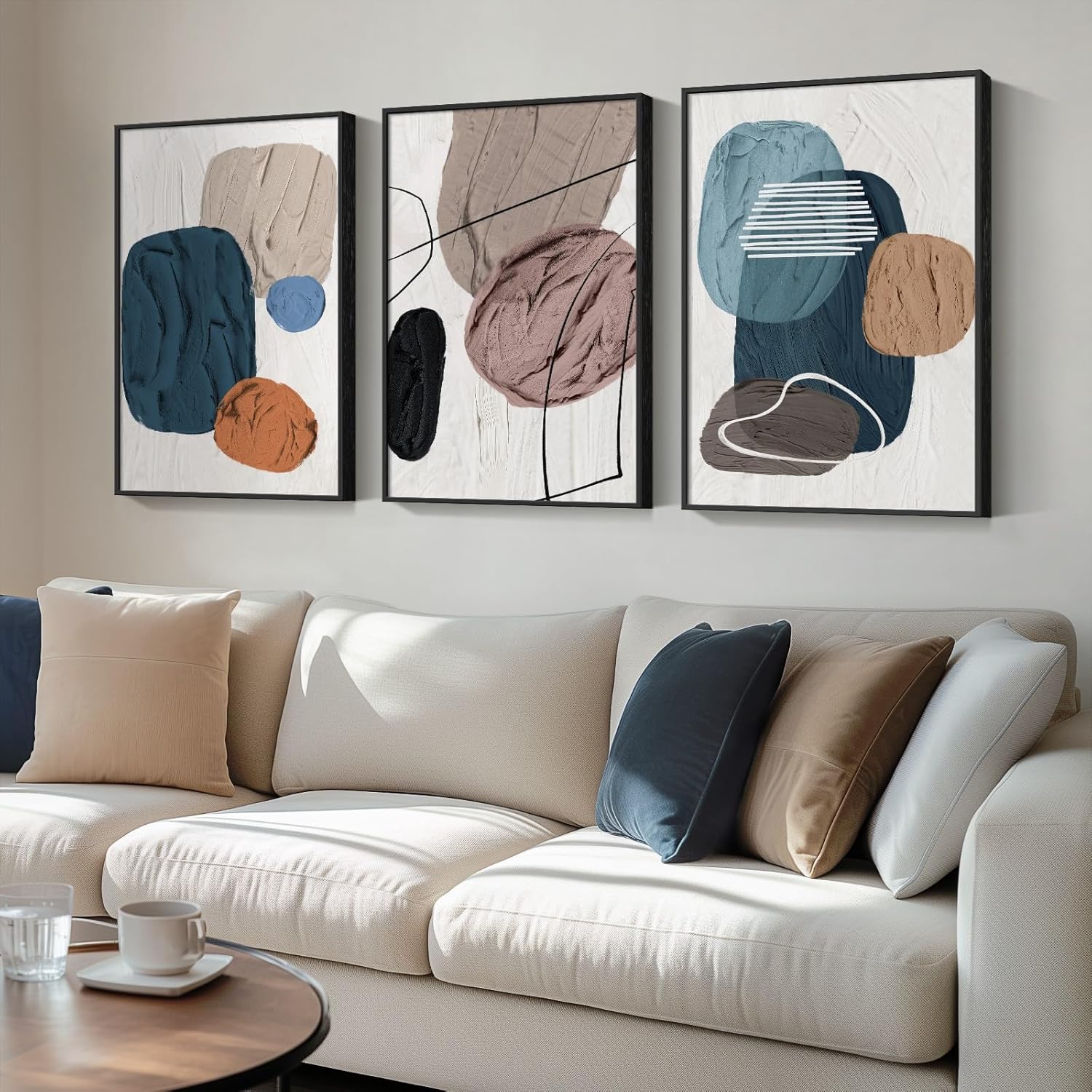 Boho Framed Modern Abstract Wall Art for Living Room, Set of 3 Large Canvas Paintings Artwork for Walls, 3 Piece Contemporary White Blue Brown Minimalist Prints Pictures for Hallway, Bedroom, Office Wall Decor 16x24
