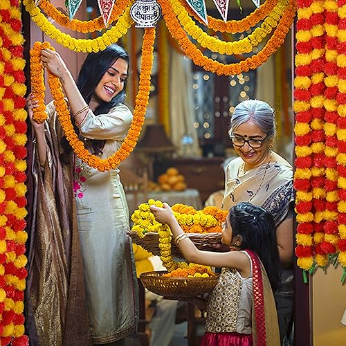 Vista 34 de Guirnalda de caléndula para decoración, 5 piezas de 5 pies de largo, flores artificiales de caléndula de caléndula, decoración india para Pooja
