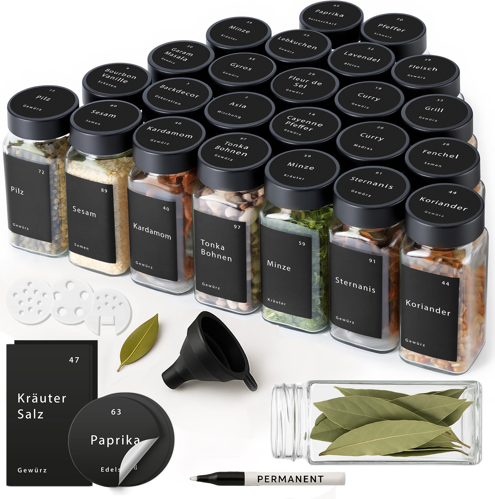 Set di 24 barattoli per spezie – Contenitore per spezie in vetro da 120 ml con coperchi in bambù, inserti per spargere, etichette, imbuto e spazzola, dispenser per spezie con accessori