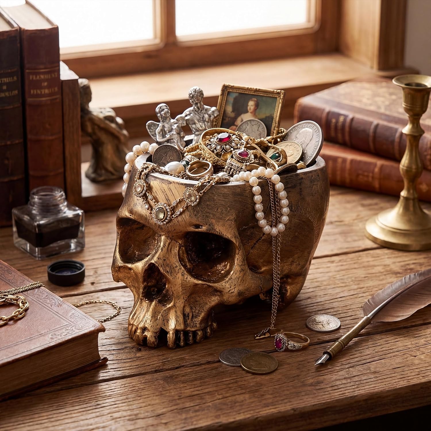 2 Pack Skull Planter Resin Skull Head Flower Pot Candy Bowl Spooky Gothic Decoration for Tabletop Home Bar Office Desk Halloween(Gold, Retro)