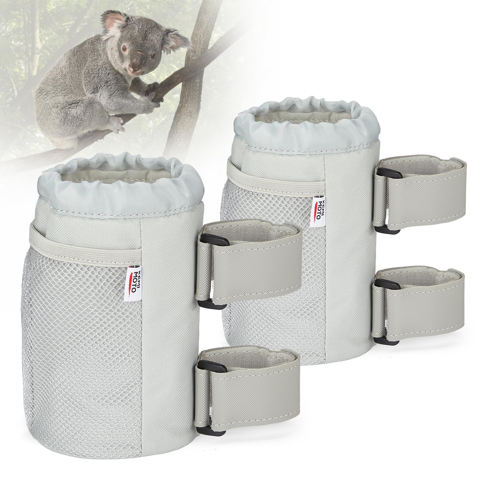 KEMIMOTO Cup Holder, Roll Bar Cup Holder for UTVs Wheelchair Scooter Walker Rollator Bike Golf Cart Boat Cup Drink Holder with Mesh Pockets and Sticky Straps, 2 Pack