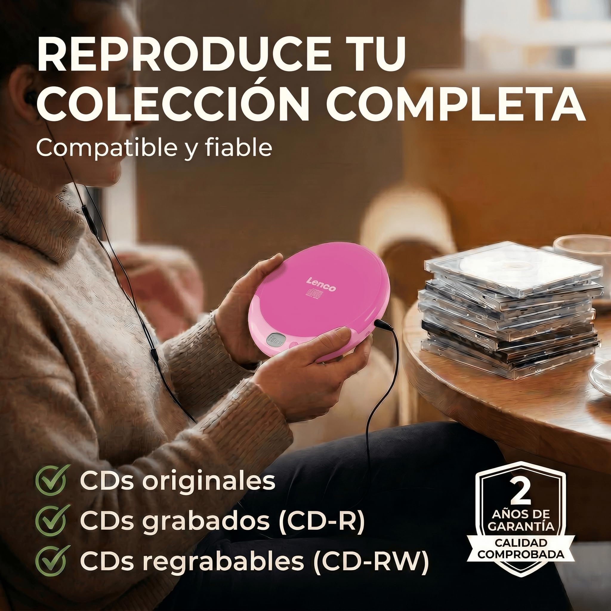 Lenco CD-011PK - Reproductor de CD portátil con función de carga de batería - Pantalla LCD - Diskman - CD walkman - con auriculares y cable de carga micro USB - Rosa