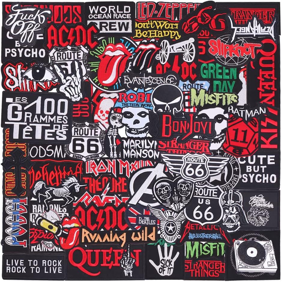 55Pcs Metal Band Rock Iron on Patches for Clothing DIY Punk Skull Music Vintage Embroidery Patches for Clothes Backpacks Jeans Appliques Sew on Badges