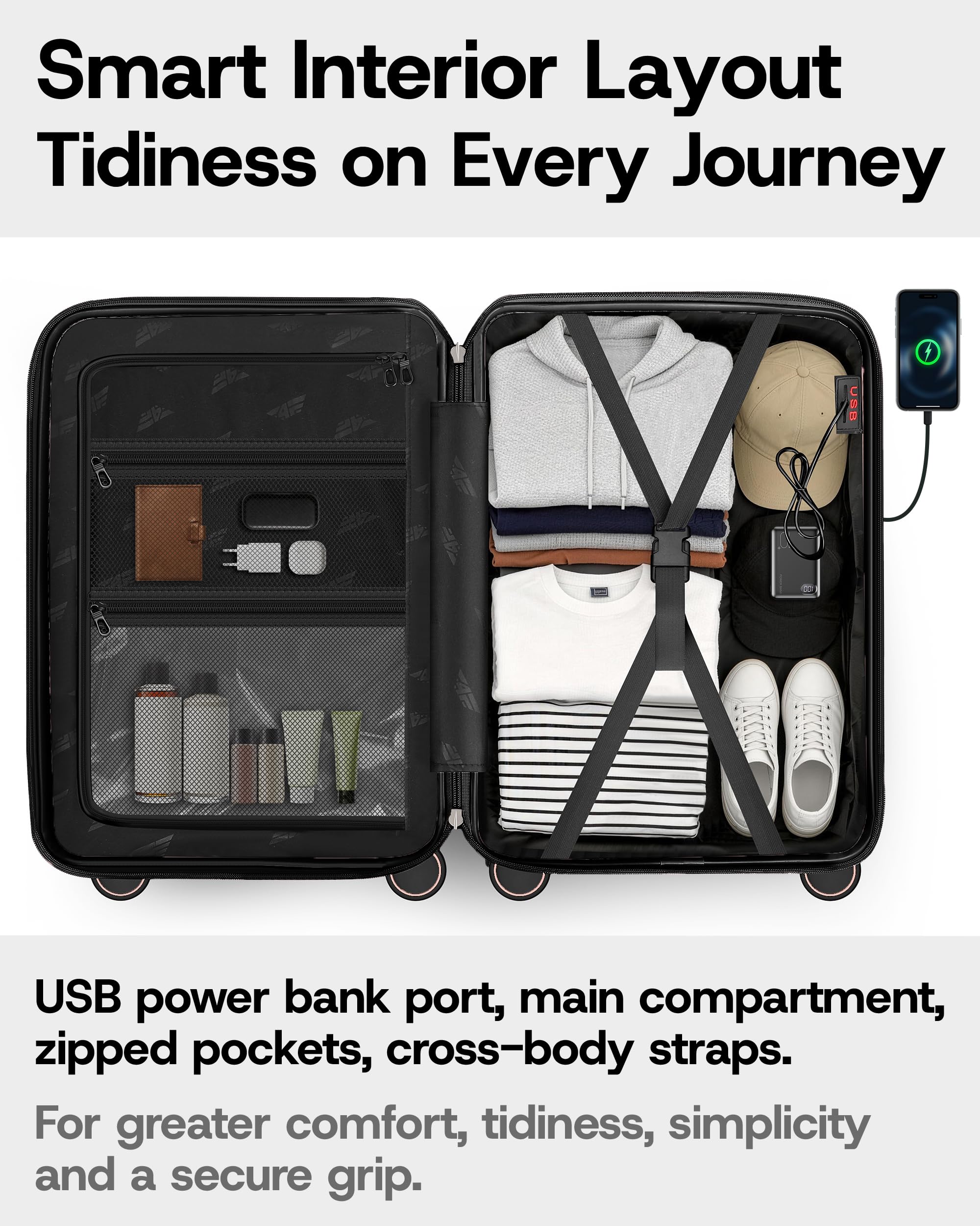 Maleta de Cabina Rígida Premium Ligera M, 54 x 37 x 23 cm, 37L, con Cerradura TSA, Puerto USB-A/C, 4 Ruedas Spinner, Asa Telescópica de Aluminio, Cumple Normas de Aerolíneas