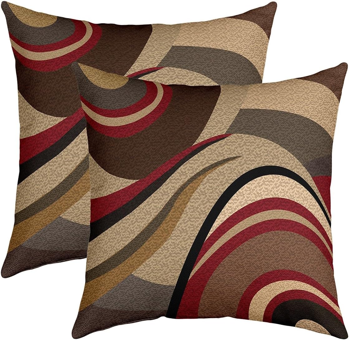 Pack of 4 Burgundy Red Outdoor Throw Pillow Covers, Geometric Square Cushion Case Set Stripe Brown Grey Decor Throw Porch Pillows Cases for Couch Sofa Living Room, Modern Art Pillowcases, 18x18 Inches