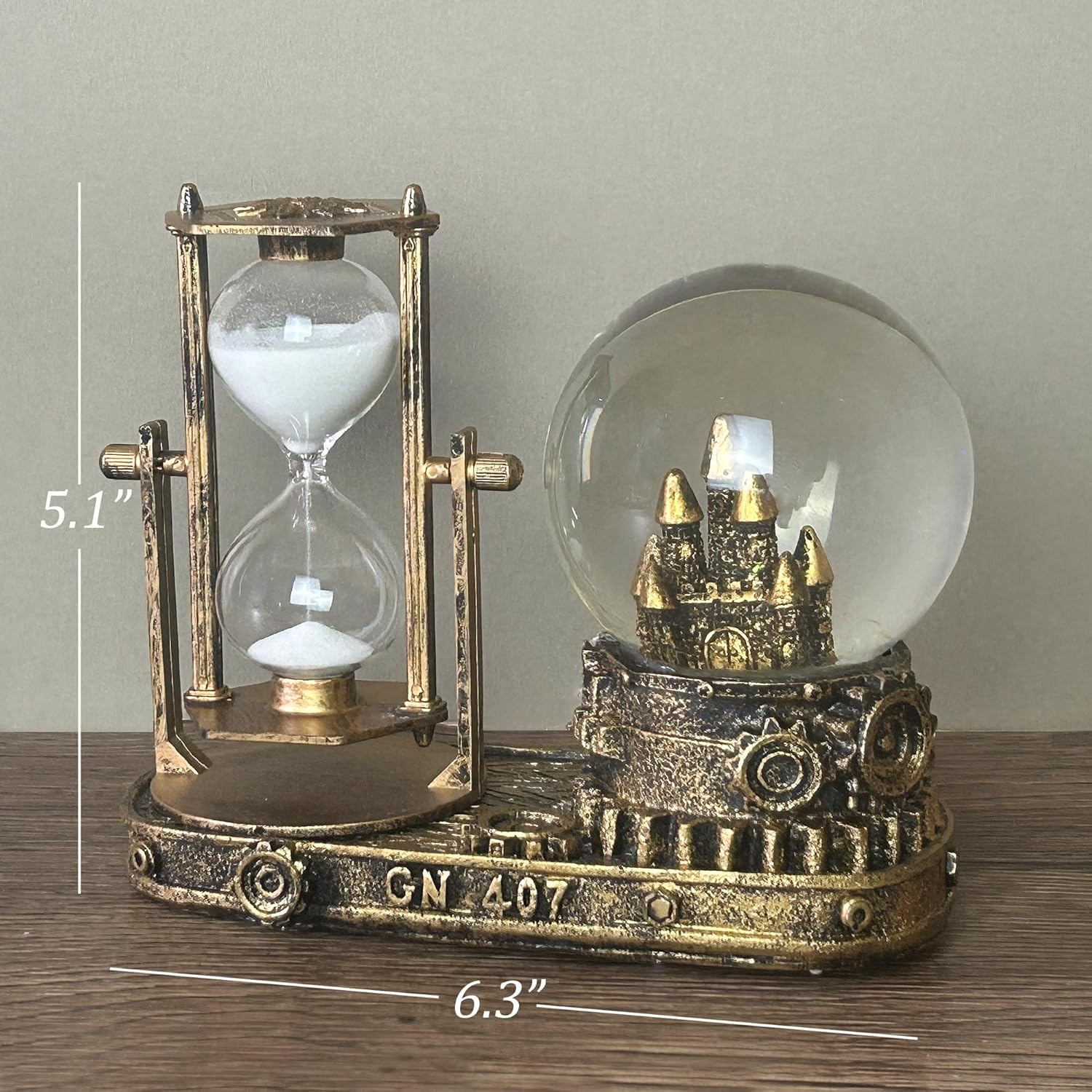 LED Crystal Snow Globe with Hourglass Sand Timer, Musical Antique Snow Globe Music Box, Castle Decoration for Book Shelf Cabinet Living Room