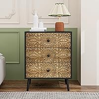 LFGUIZO Carved Black Wood 3-Drawer Nightstand - Vintage Accent Cabinet with Spacious Storage for Bedroom, Living Room