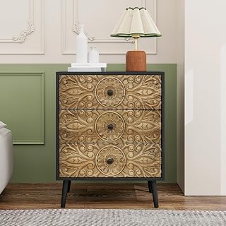 LFGUIZO Carved Black Wood 3-Drawer Nightstand - Vintage Accent Cabinet with Spacious Storage for Bedroom, Living Room