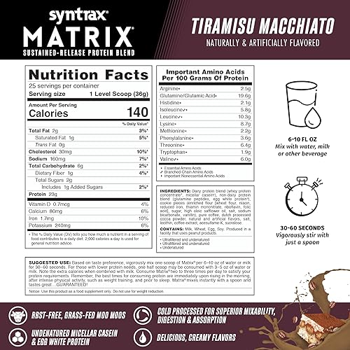 Miniatura 3 de Syntrax Nutrition Matrix Proteína en polvo, mezcla de proteínas de liberación sostenida, Tiramisu Macchiato, 2 libras