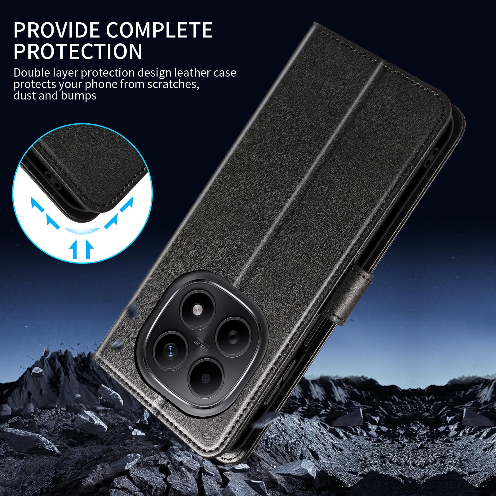 Cover per Xiaomi Redmi Note 15 4G/5G, Custodia in Pelle a Libro con Portafoglio Porta Carte Magnetica Supporto Cuoio Flip Case Cover Libretto Antiurto,Nero
