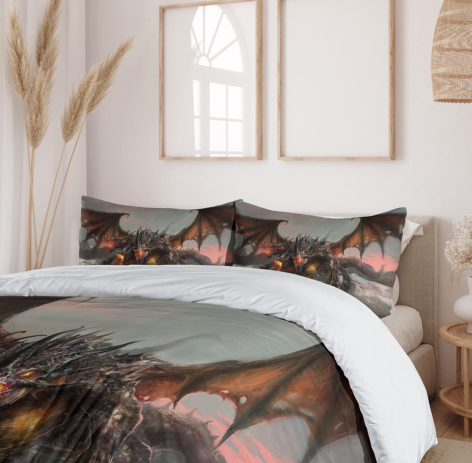 Ambesonne Fantasy World Duvet Cover Set, Illustration of 3 Headed Breathing Dragon Large Monster Gothic Theme, Decorative 3 Piece Bedding Set with 2 Pillow Shams, King Size, Brown Grey King Brown Grey