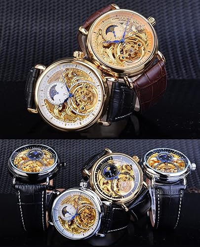 Miniatura 7 de FORSINING Reloj de lujo para hombre con fase lunar y tourbillon, reloj de pulsera mecánico de cuerda automática con esqueleto retro, correa de