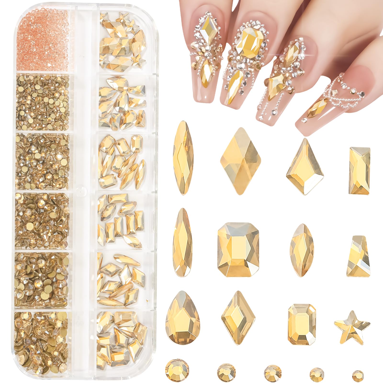 DZHILHMX Nail Rhinestones - 3D Multi Shape Size, Champagne Gold, Flat Back, Gems Rhinestones, for Nail Art