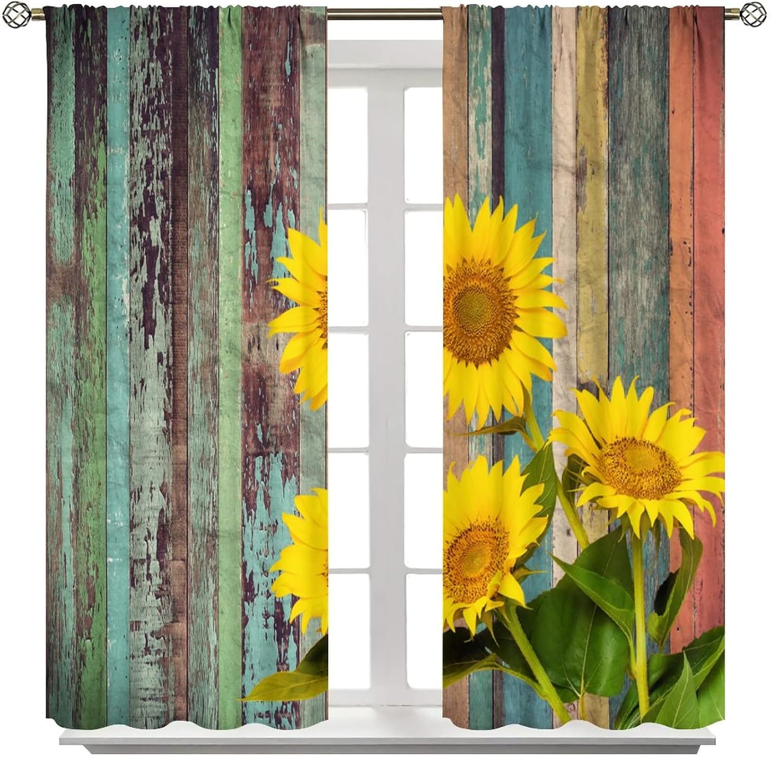 Sunflower Curtains, Rustic Sun Flower on Wood Window Treatments for Living Room, Yellow Floral Blackout Farmhouse Country Drapes 2 Panel Sets,84x84 Inch