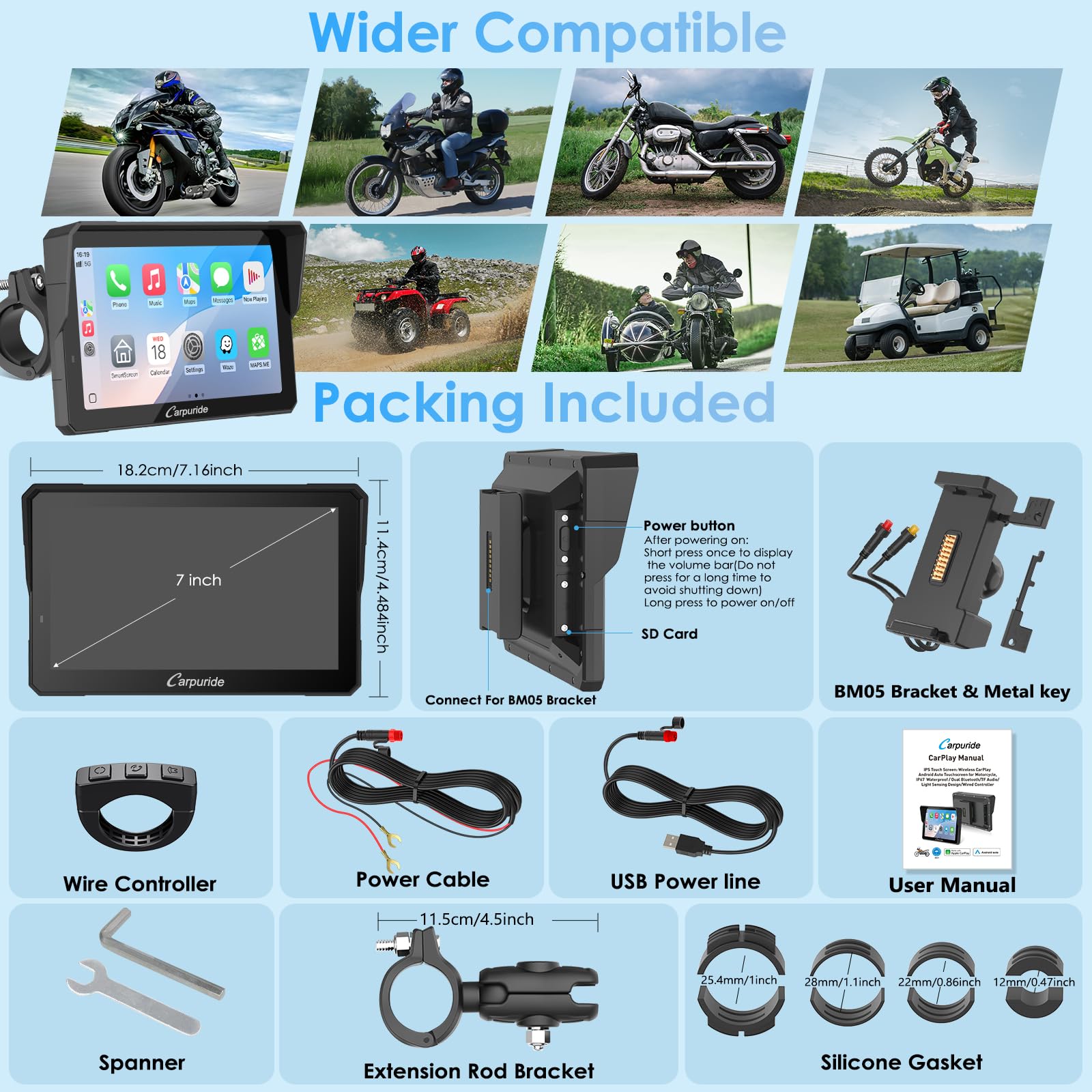 2025 Carpuride W702S PRO Motorcycle GPS Wireless Carplay/Android Auto, 7" Waterproof Motorbike Touch Screen, with BM05 Mount, Bluetooth Trans, Wired Controller, Navigation