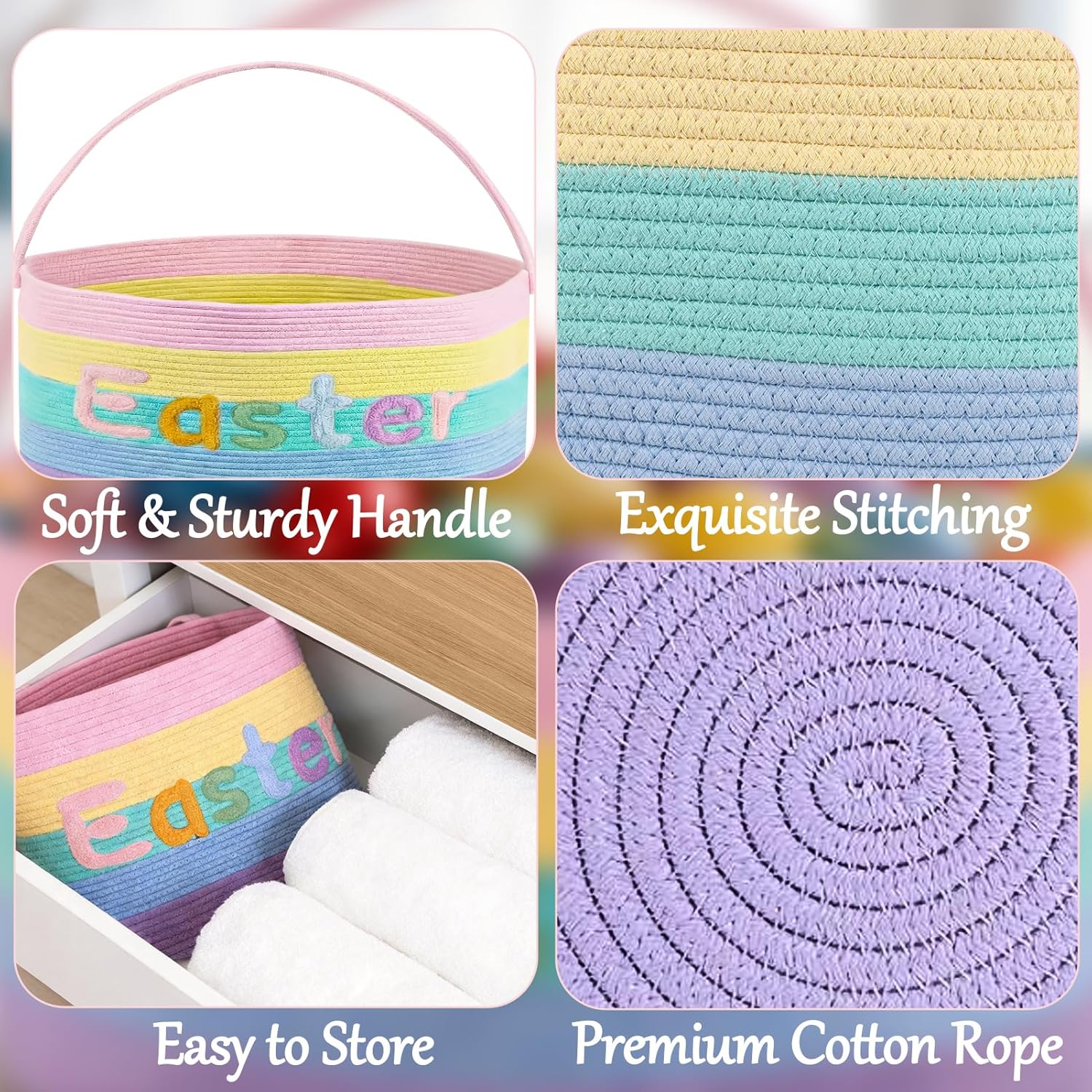 Rainbow Easter Basket, Extra Large Easter Egg Hunting Basket, Woven Cotton Rope Storage Basket Laundry Basket with Handle, Soft Round Storage Bin, Blanket Basket, Empty Gift Basket, 18.5"x13"