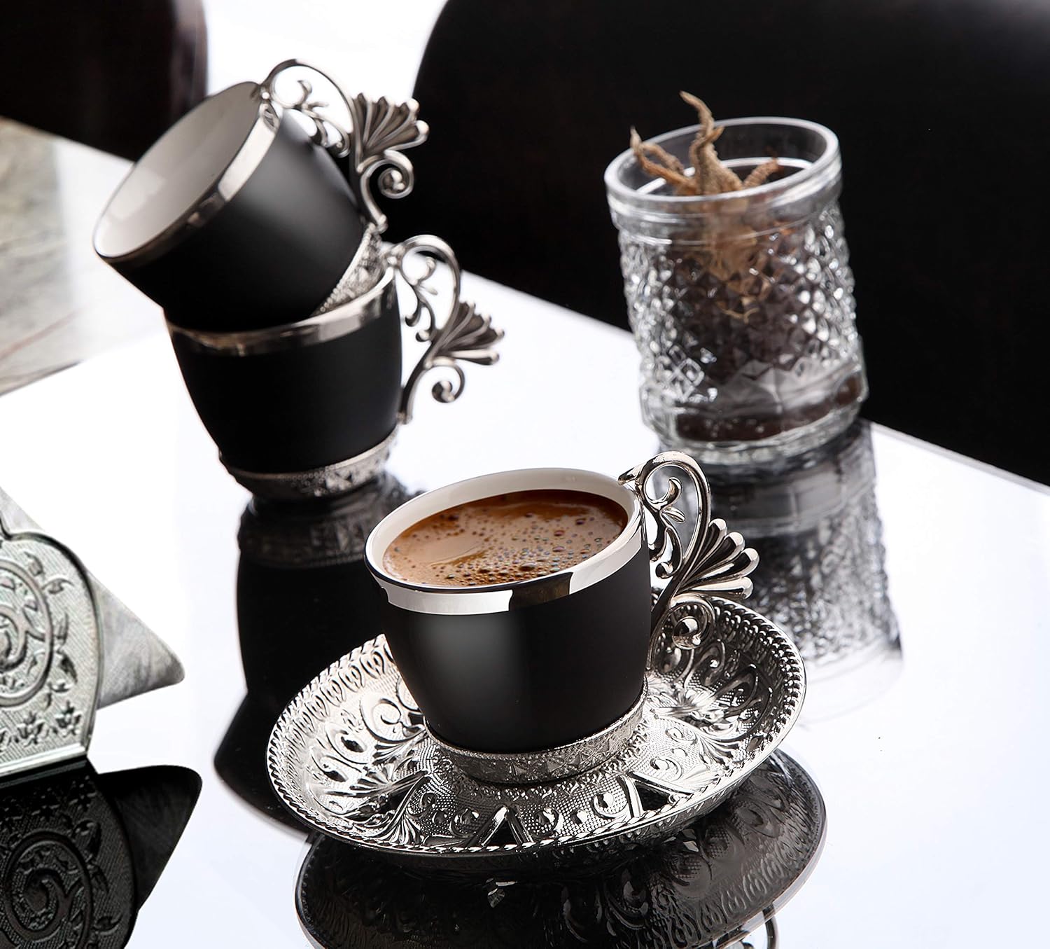 🛒 Crazy Deals (Set of 6) Demmex Turkish Greek Arabic Coffee Espresso Demitasse Cup Saucer Spoon Set, Black Cups (Silver)
