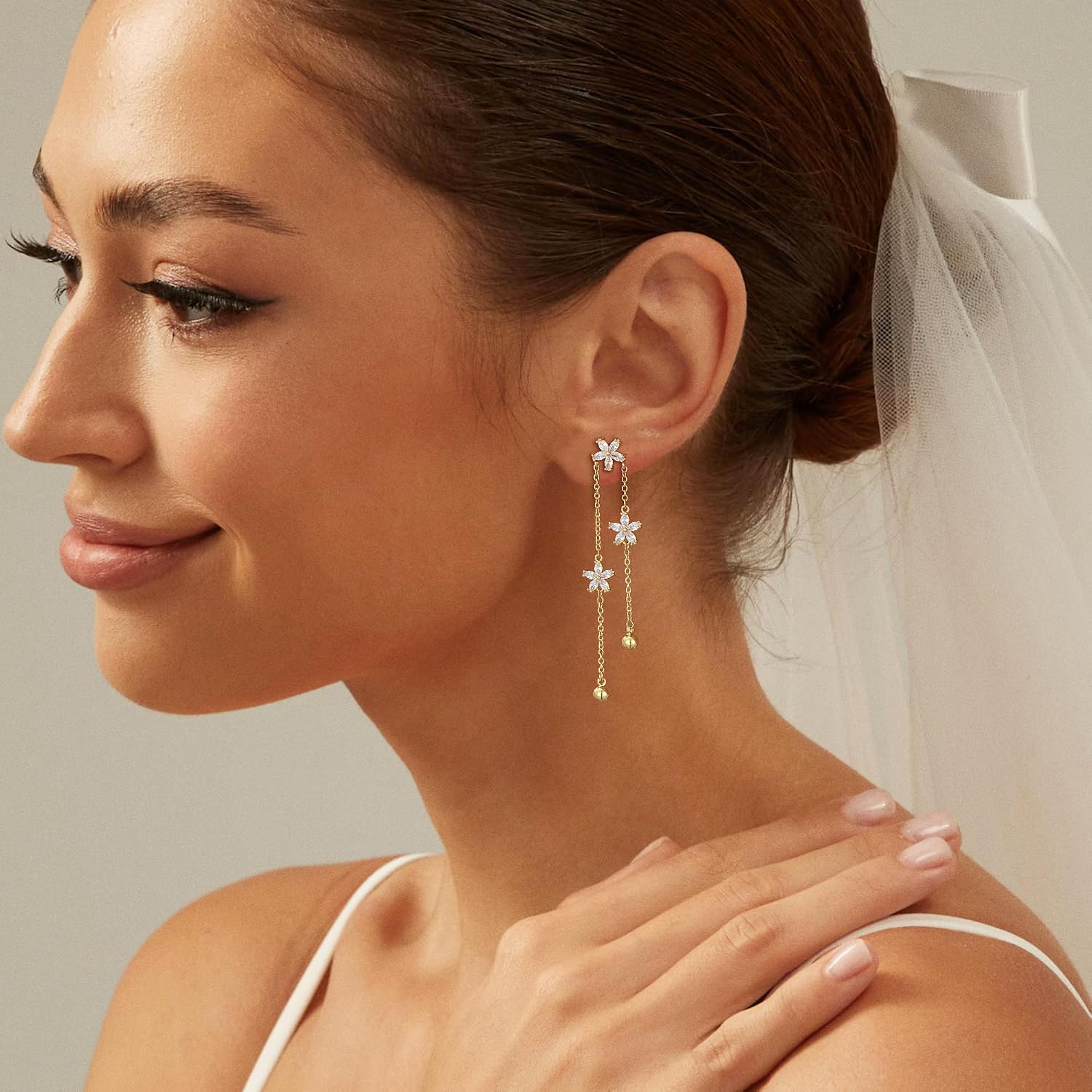 Lunvky Dangle Pearl Drop Earrings for Women Trendy 14K Gold Silver Plated Dainty Flower Pearls Stud Brides Wedding Statement Earrings Long CZ Sparkly Cute Prom Jewelry Gift