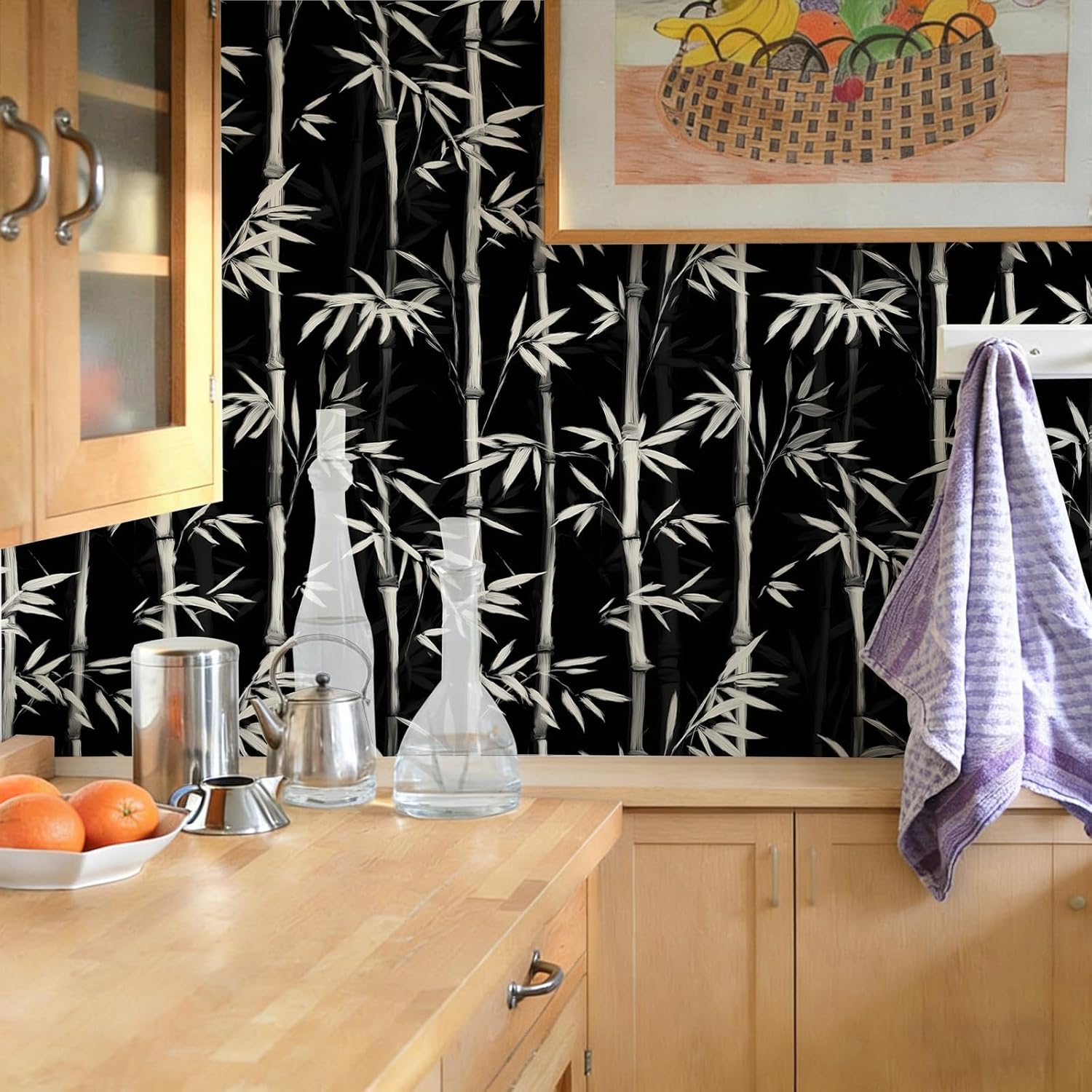 Stickorama Black Bamboo Peel and Stick Wallpaper 17.72" x 118.1'' Self Adhesive Artistic Stalks Leaf Accent Renter Friendly Removable Waterproof Wall Paper for Cabinet Bedroom Study