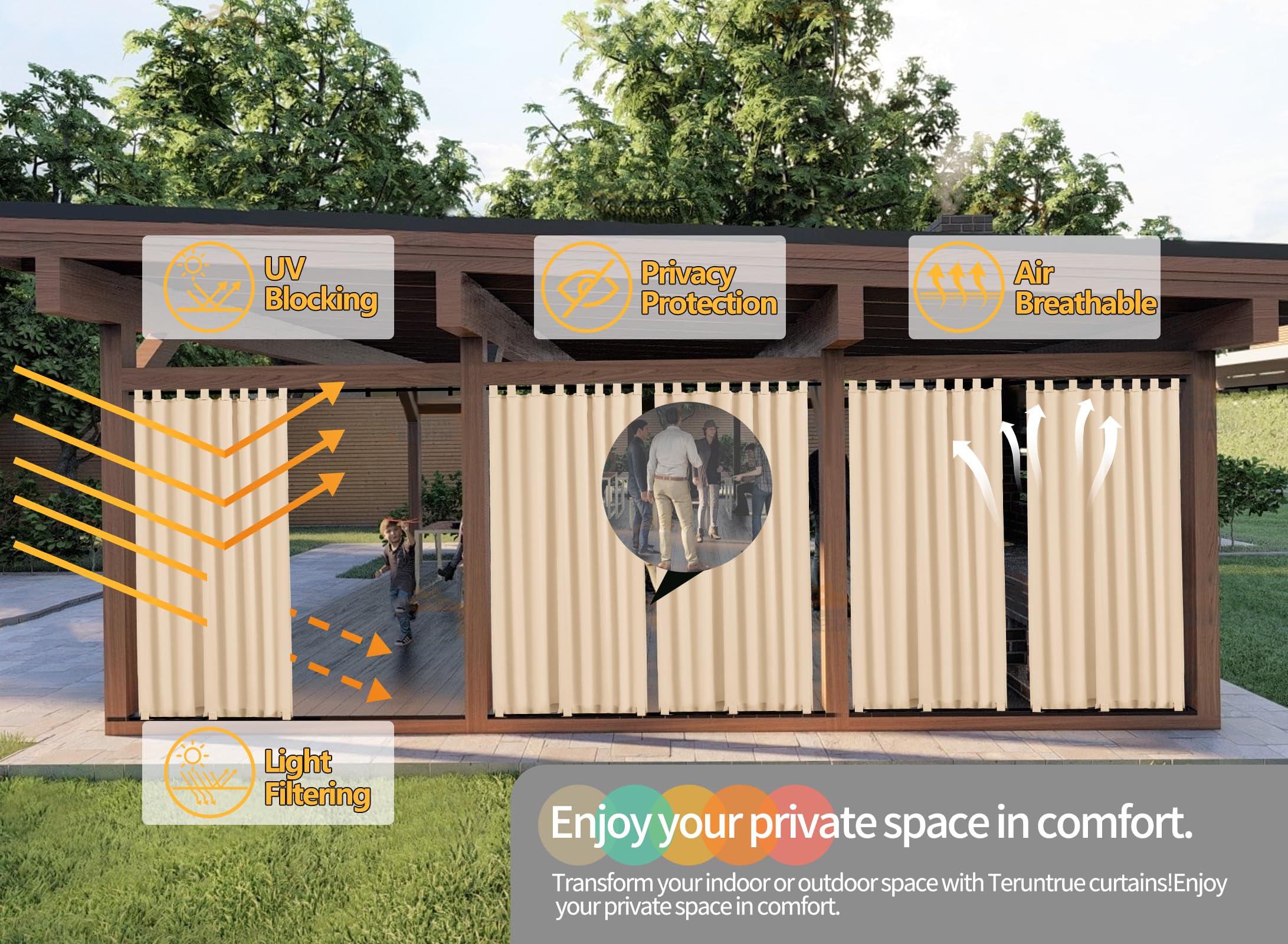 Teruntrue 2 Pezzi Tenda da Esterno Impermeabile con Cerniere in, Tende da Balcone e Terrazza, Protezione Solare e Privacy, con Occhielli Inferiori, H260 x B155 cm, Beige