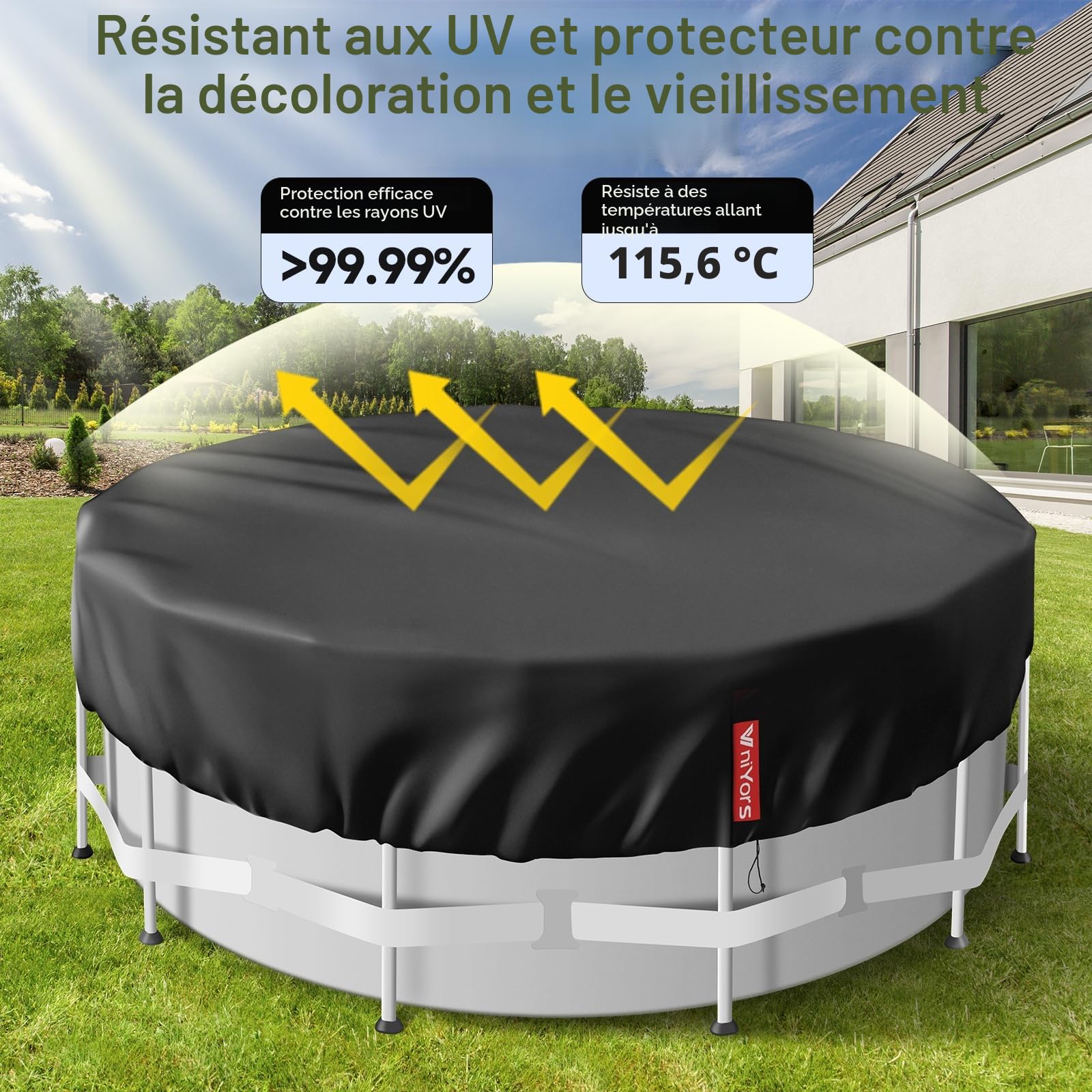 Bache Hivernage Piscine Hors Sol 366, PU 420D éPais Bache Piscine Hivernage, Coupe-Vent et RéSistant aux DéChirures BâChe Hivernage Piscine Hors Sol avec Corde de Traction et Clous de Sol
