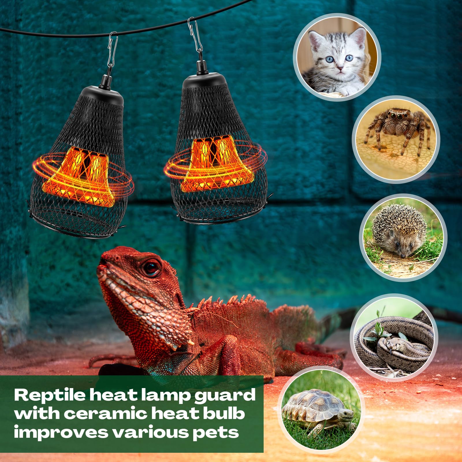 Retisee 2 lámparas de calor para reptiles, pantalla antiquemaduras con interruptor de encendido y gancho antimordeduras para lagartos, serpientes, pollitos, bombilla de 100 W no incluida