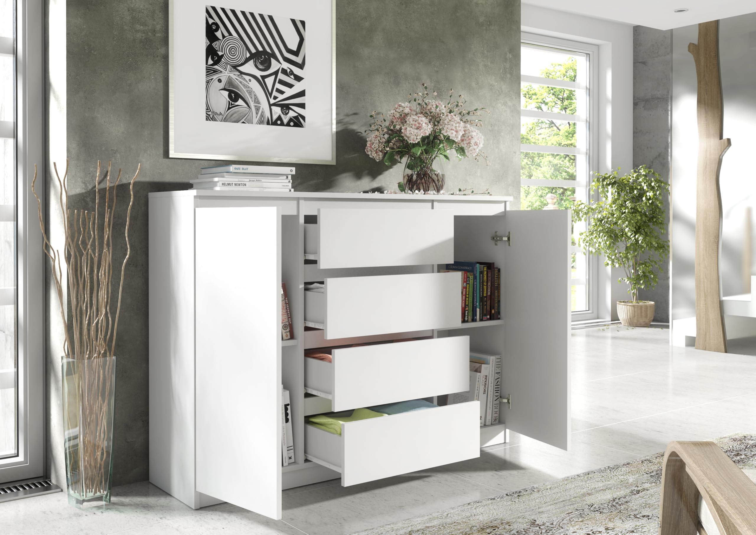 meble masztalerz Cassettiera con 4 cassetti e 2 ante - per la Camera da Letto e il Soggiorno - Mobili Salvaspazio 120 cm (Bianco Opaco)