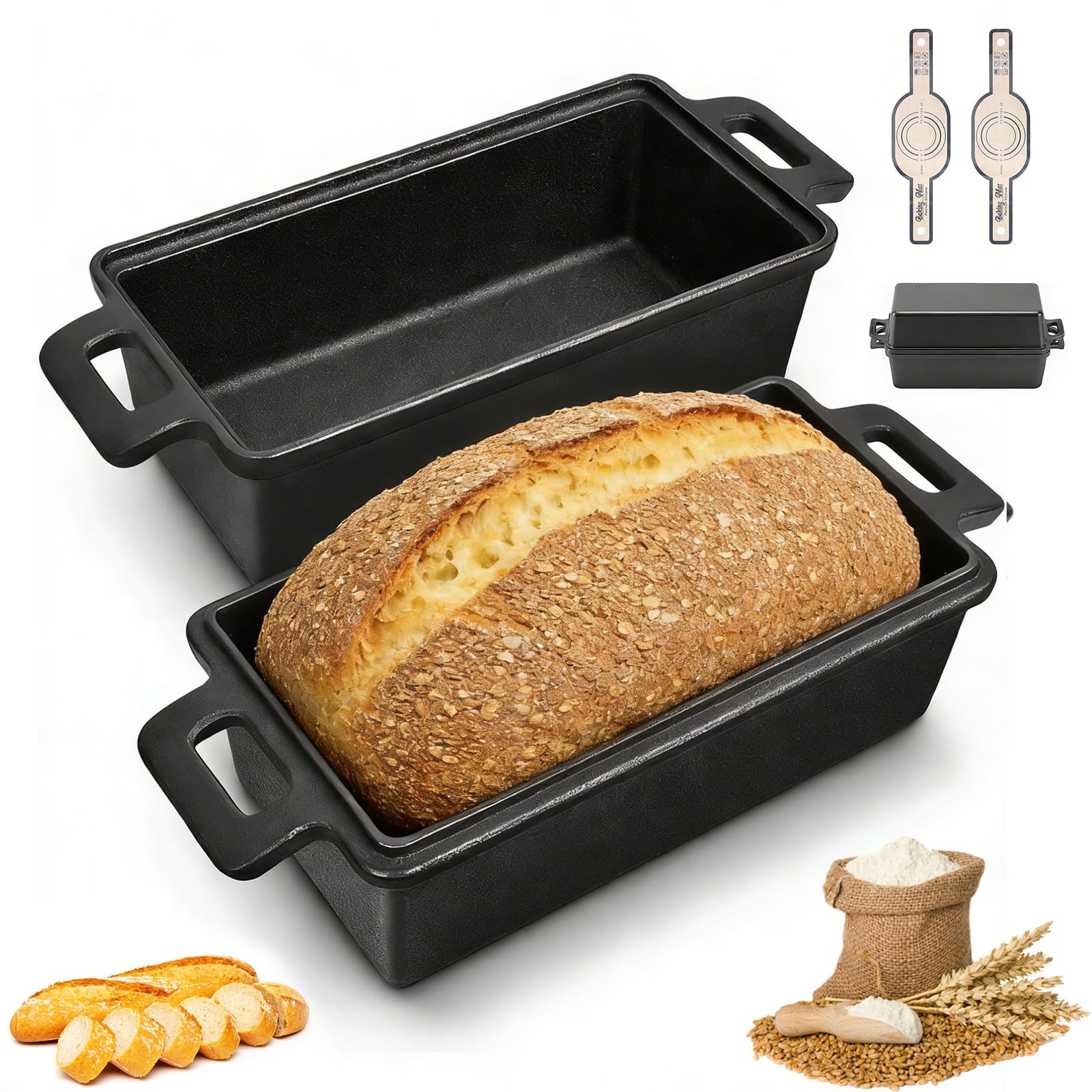 Molde de Hierro Fundido para Pan con Tapa, Molde Pan de Molde Pesado Incl. 2 Alfombrillas Antiadherentes (56x15 cm), Perfecto para Masa Madre & Pan de Horno, Molde Pan Ideal para Hornear