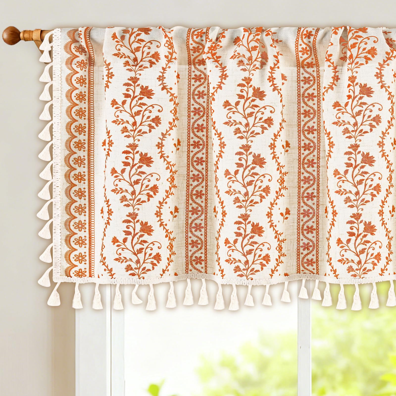 Yinhua Boho Valance Curtains Vintage Linen Kitchen Valances for Windows Light Filtering Bohemian Floral Valance Rod Pocket Tassel Window Valances for Bathroom Cafe, 52" W X 18" L, White Orange