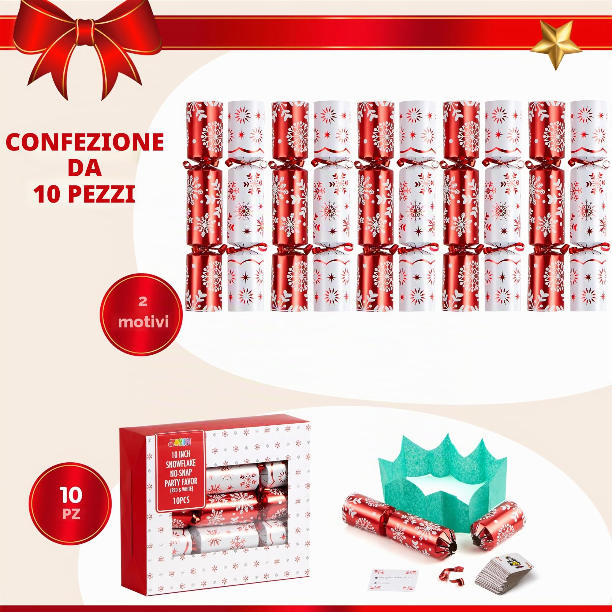 JOYIN Bomboniera natalizia da 25,4 cm, confezione da 10, con fiocco di neve rosso e bianco, con cappello da festa, scherzo e piccolo regalo all'interno, per regali di Natale, festività stagionali e