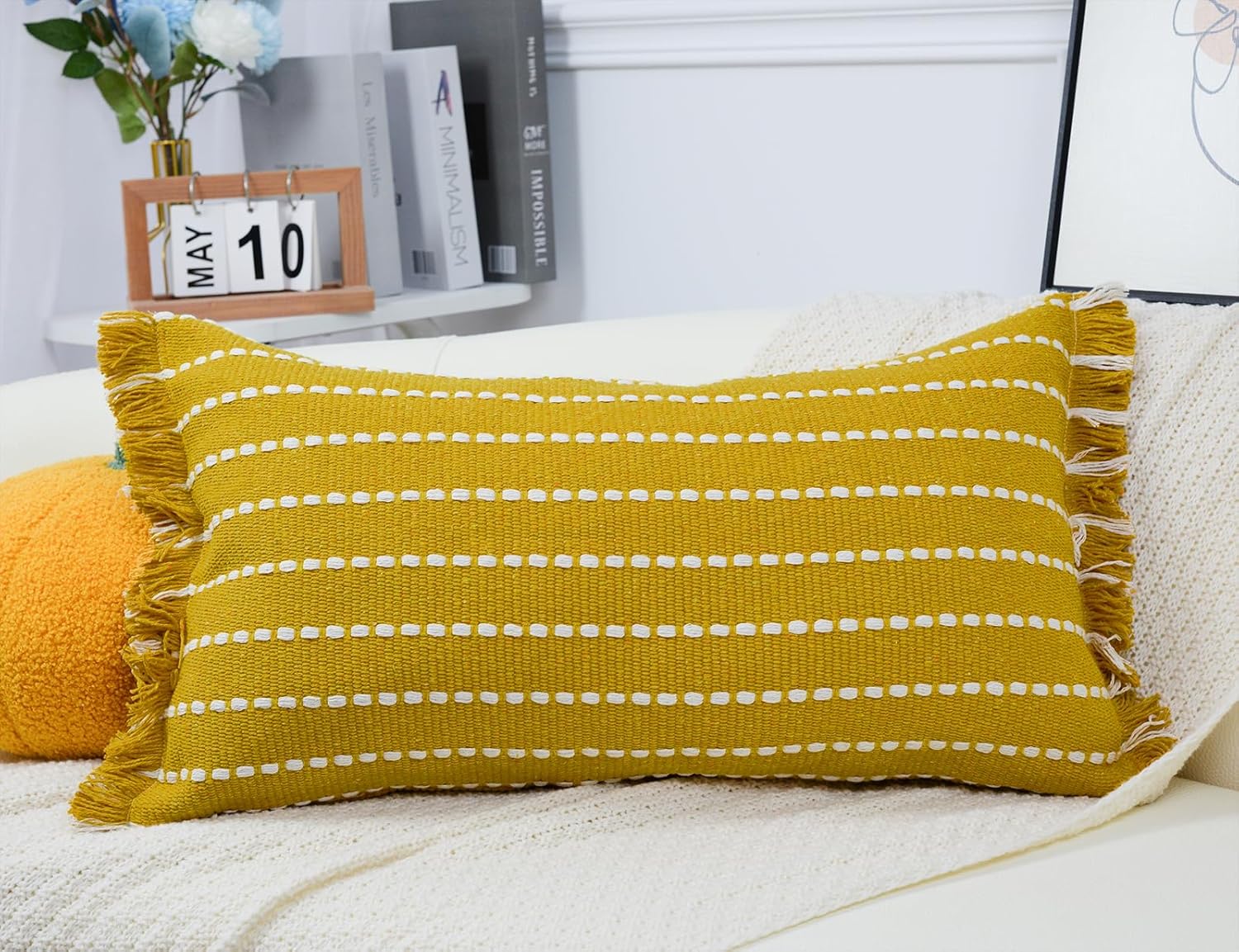 Decorative Farmhouse Fringed Long Lumbar Throw Pillow Cover 16 x 26,Clasic Striped Textured Cotton Boho Decor Long Lumbar Pillow Cover Pillow Case for Sofa Couch Bed,Yellow and White